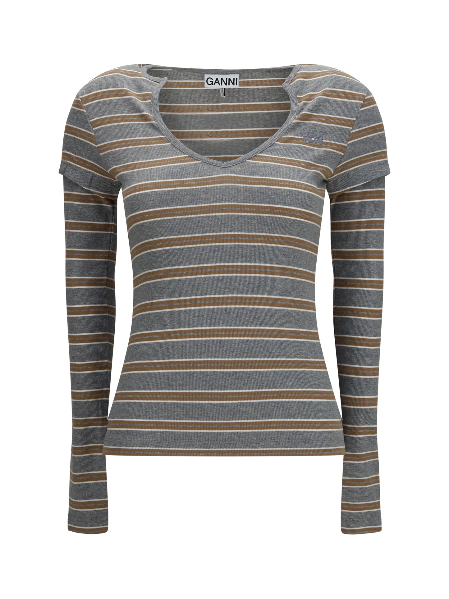 Ganni Women Ribbed V-Neck Long-Sleeve T-Shirt GANNI