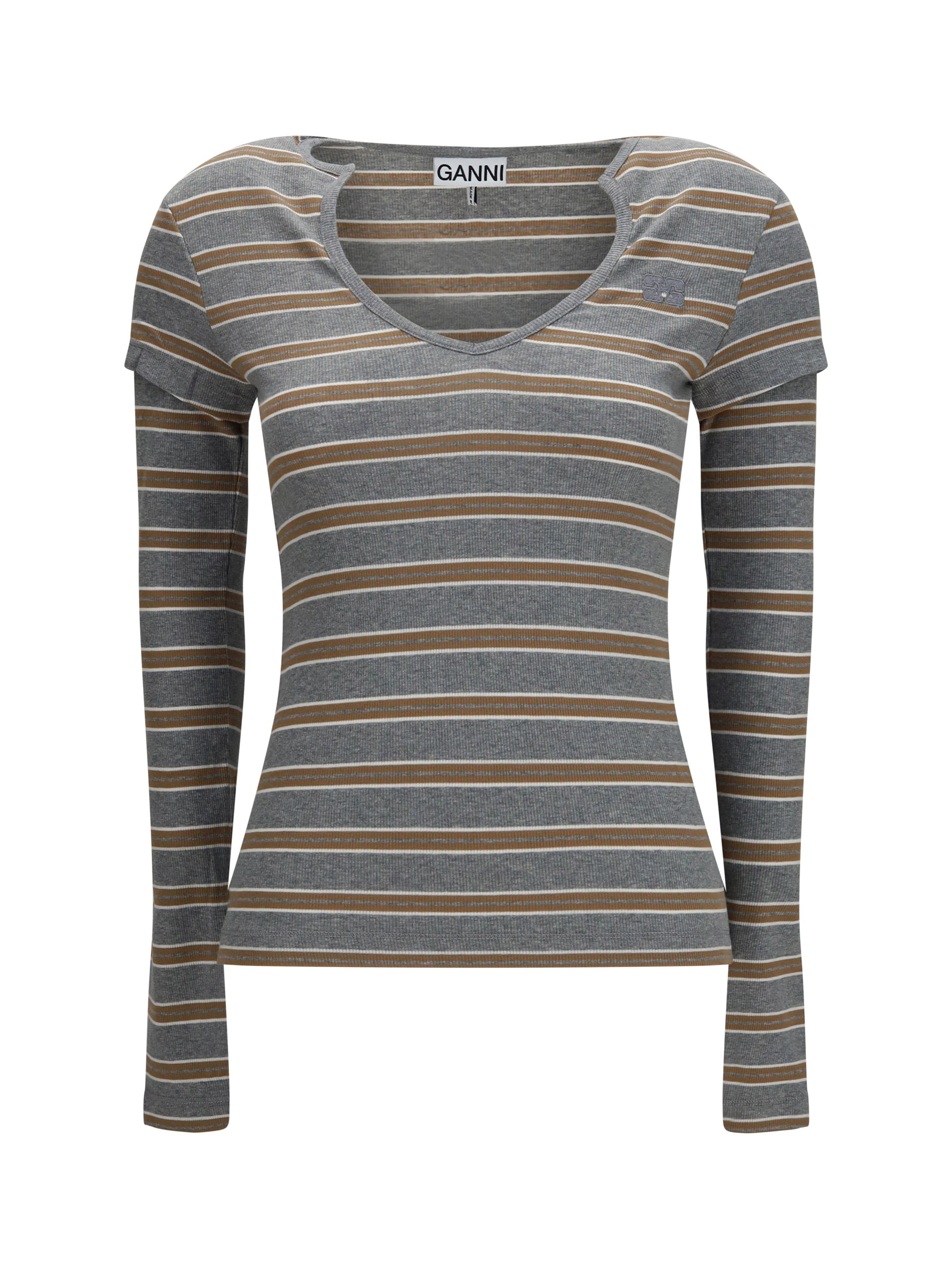 Ganni Women Ribbed V-Neck Long-Sleeve T-Shirt GANNI