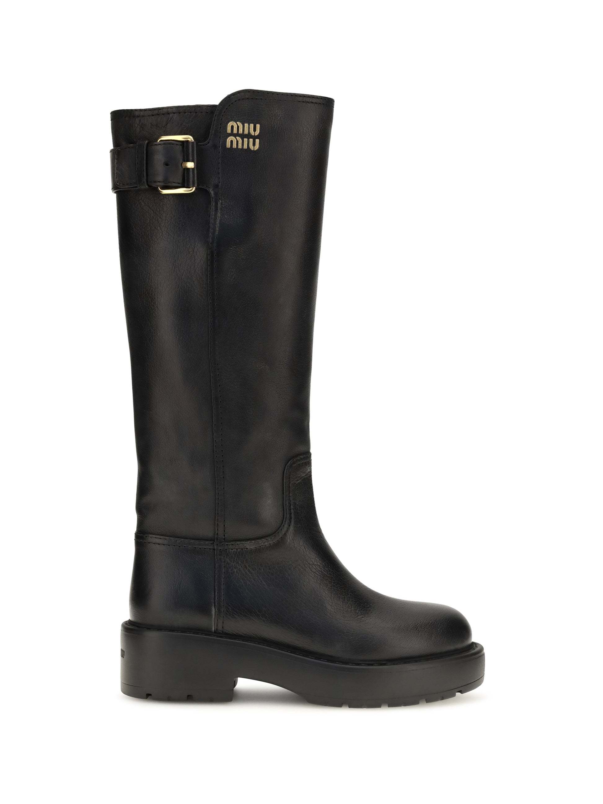 Miu Miu Women Leather Knee-High Boots With Buckle Detail MIU MIU
