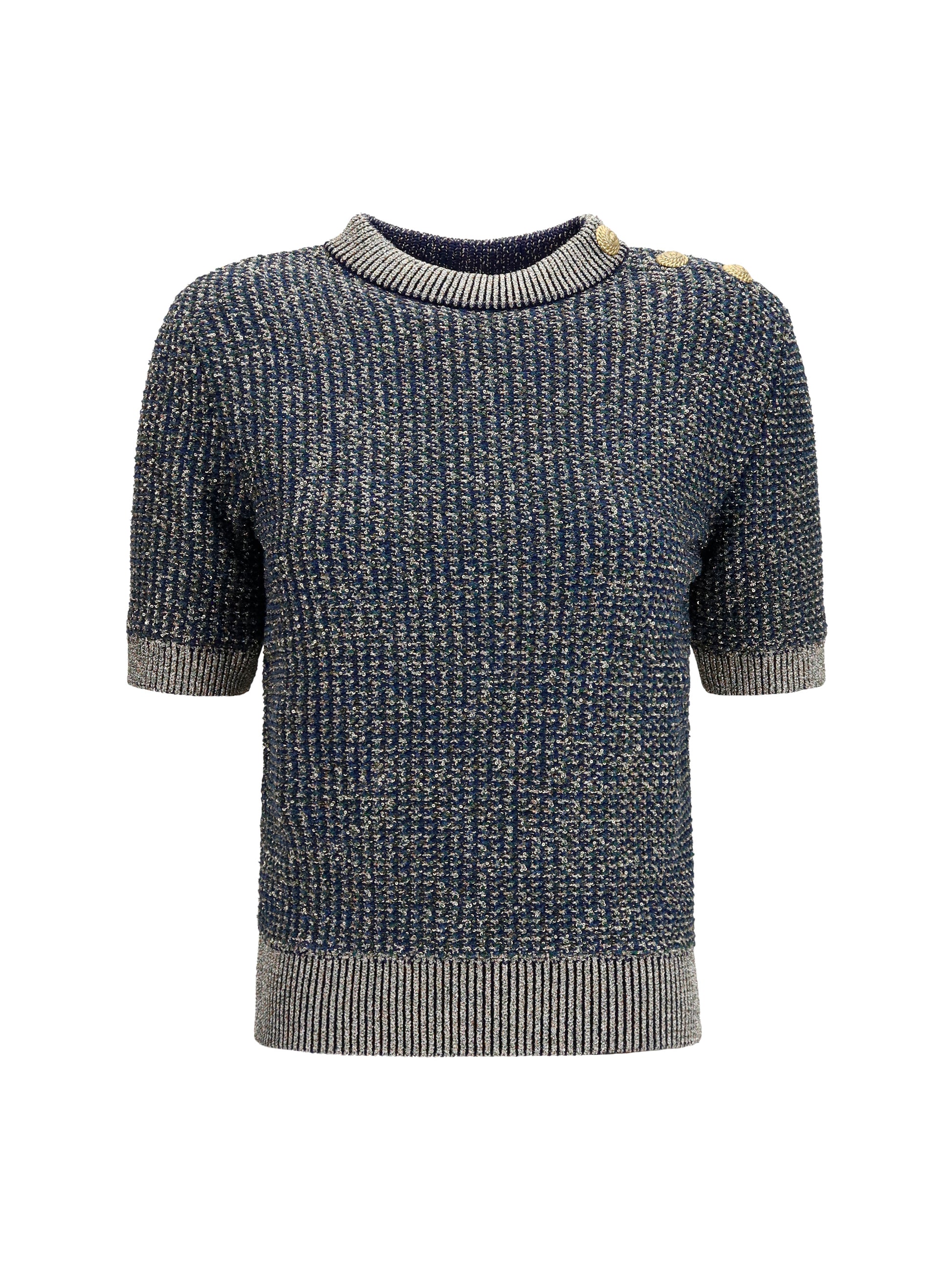 Balmain Women Short-Sleeve Sequined Sweater With Buttons BALMAIN