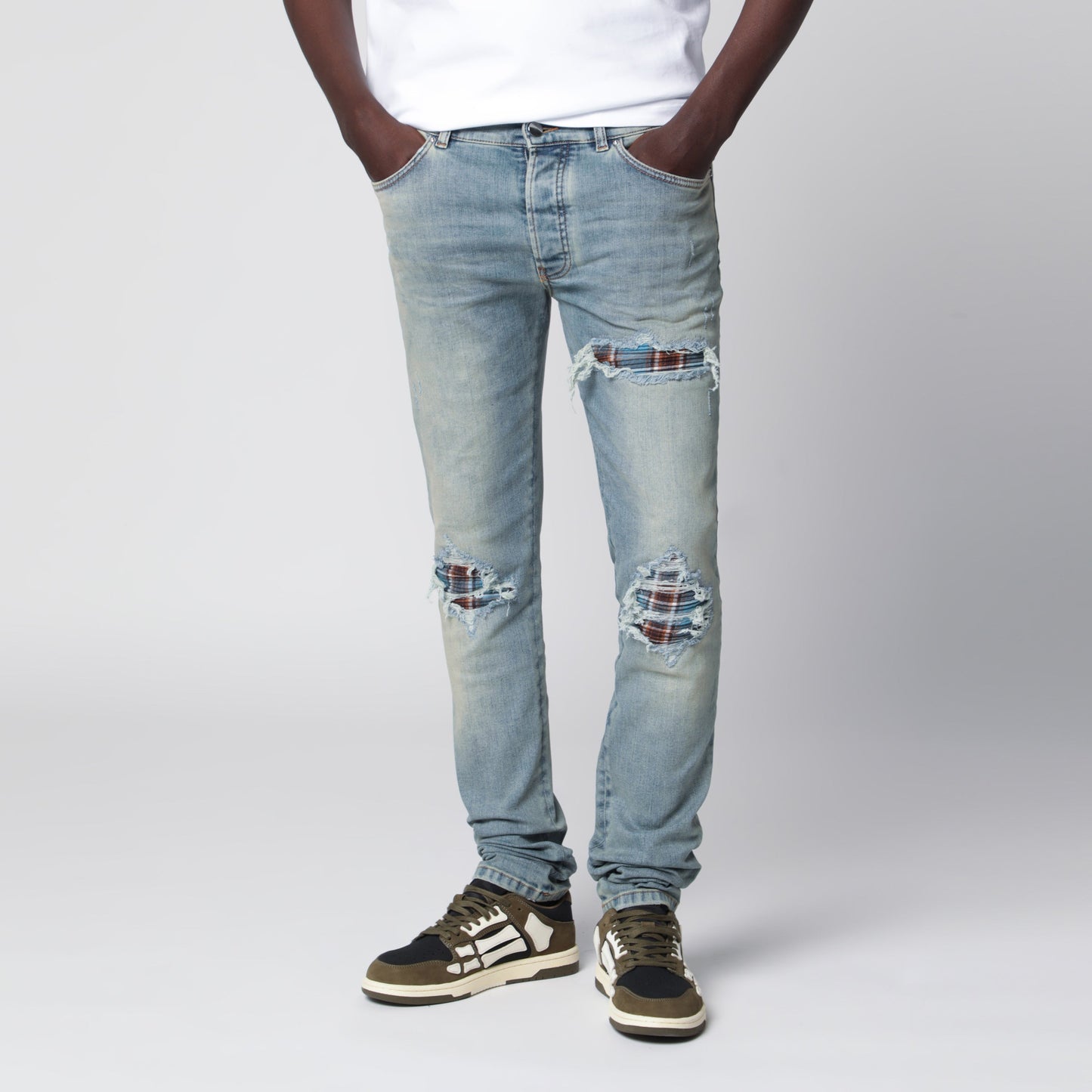 Amiri Mx1 Distressed Flannel-Patched Jeans In Medium Indigo Men AMIRI