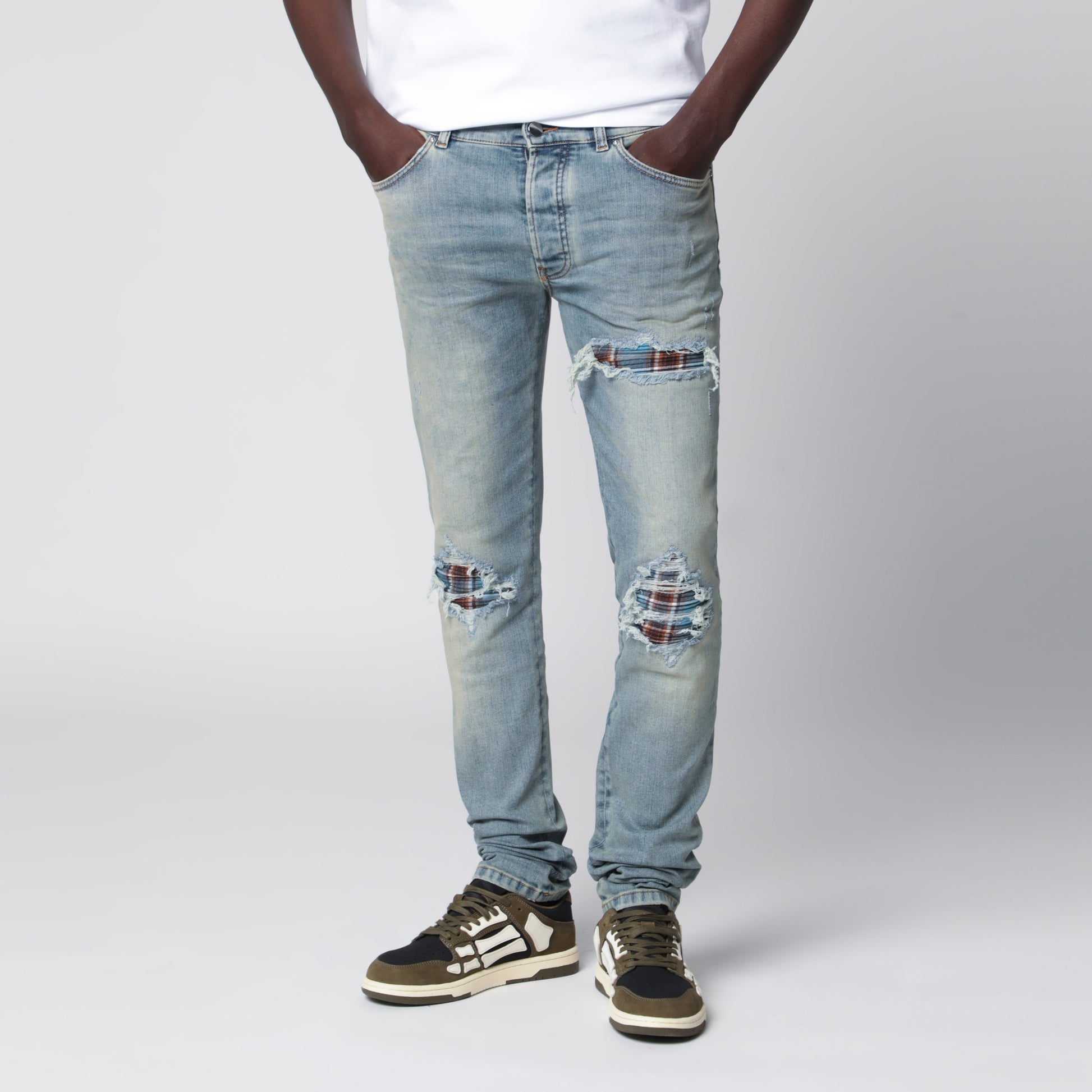 Amiri Mx1 Distressed Flannel-Patched Jeans In Medium Indigo Men AMIRI