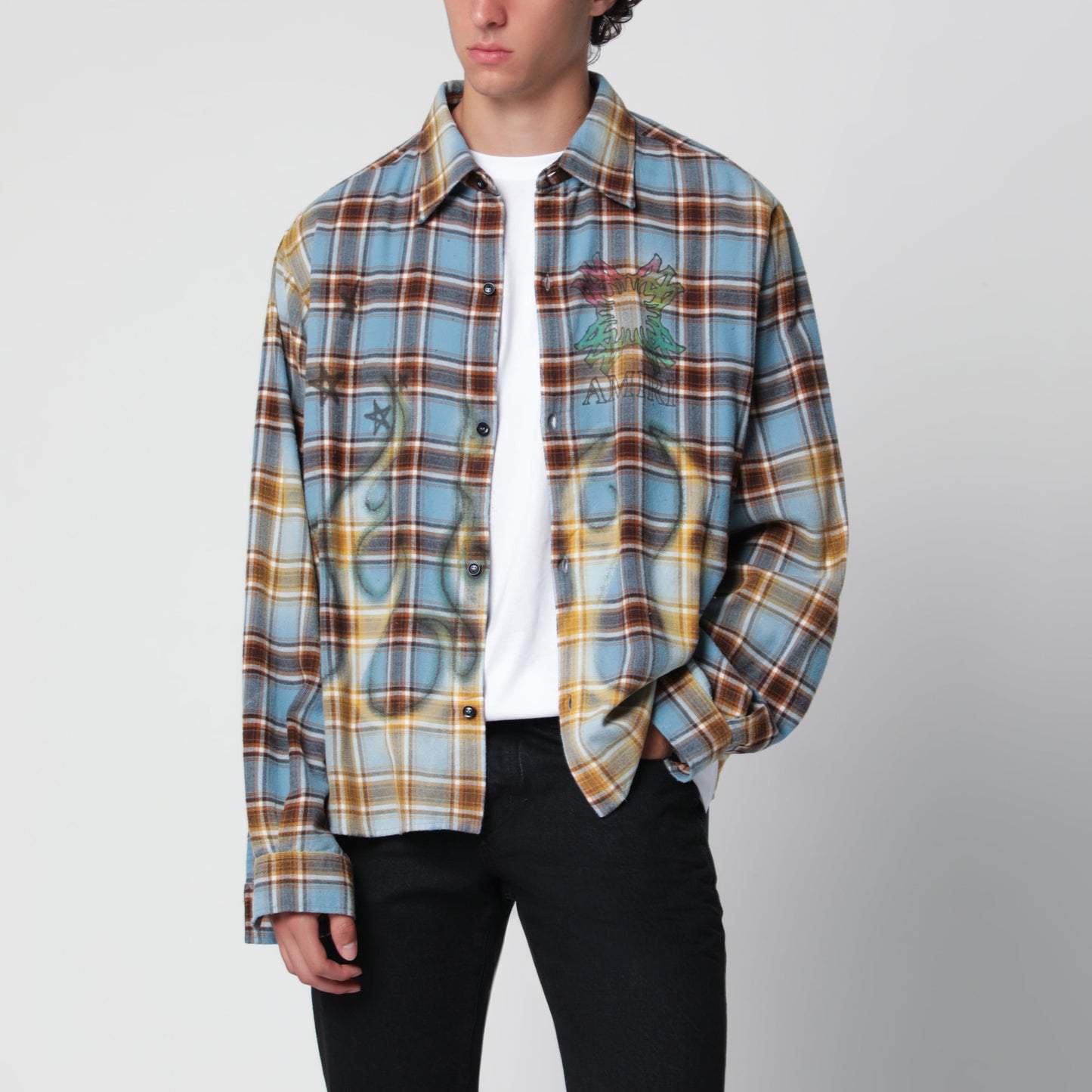 Amiri Ma Quad Bleached Blue Cotton Flannel Shirt Men AMIRI