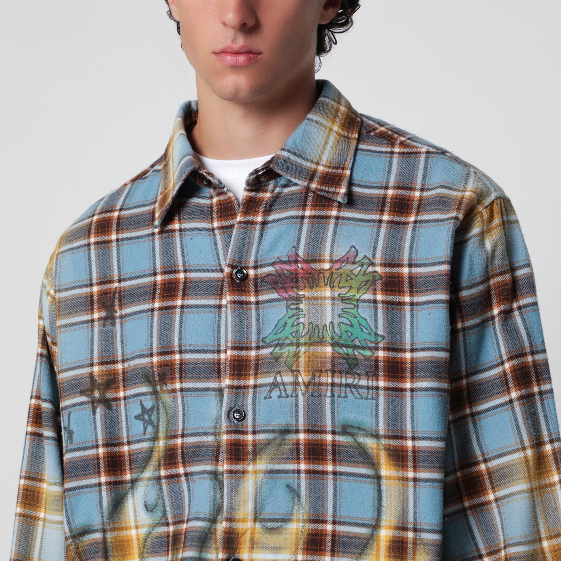 Amiri Ma Quad Bleached Blue Cotton Flannel Shirt Men AMIRI