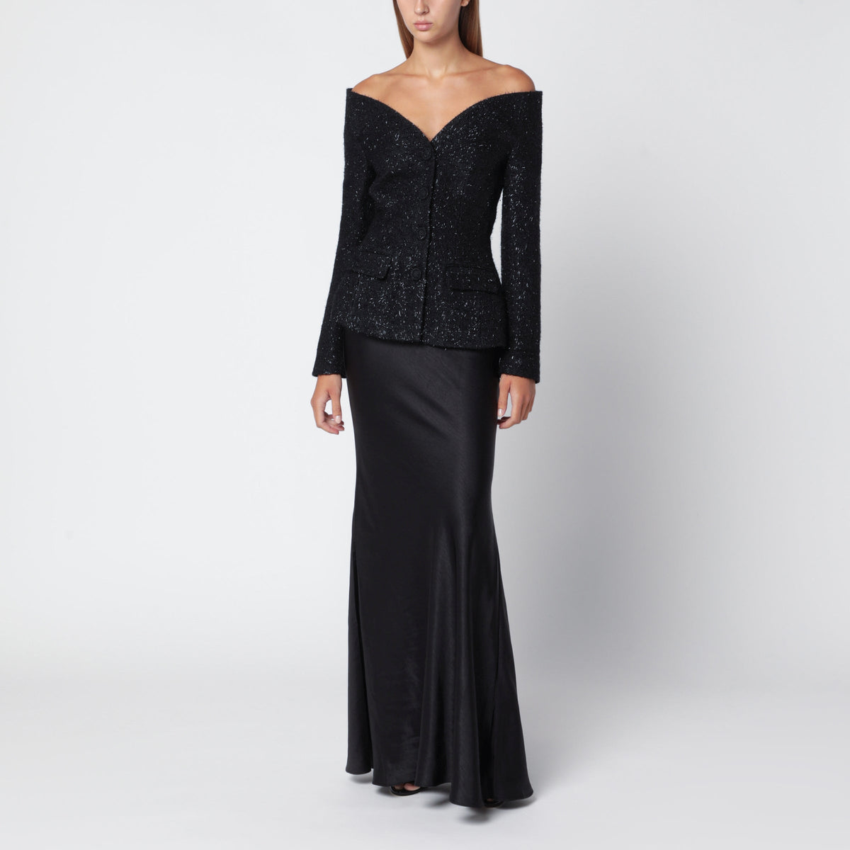 Self-Portrait Long Black Dress In Metallic Boucle Satin Women SELF-PORTRAIT