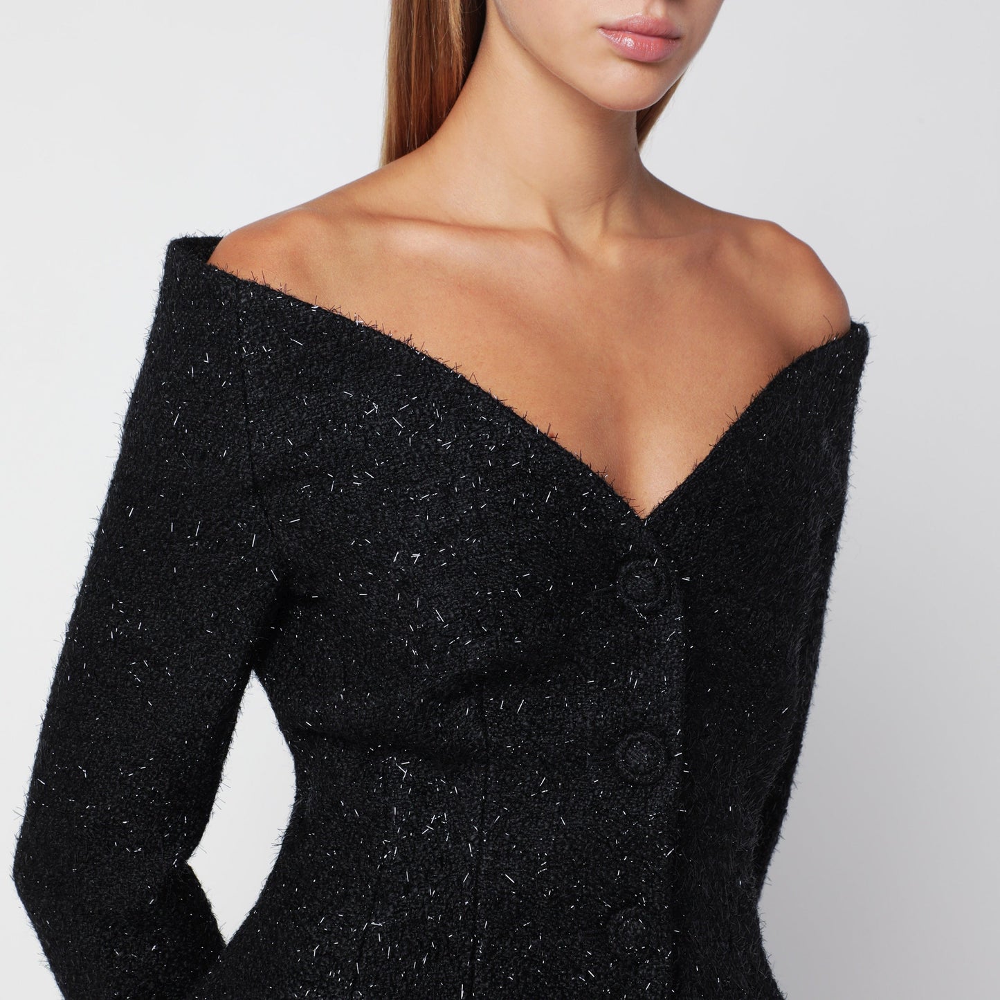 Self-Portrait Long Black Dress In Metallic Boucle Satin Women SELF-PORTRAIT