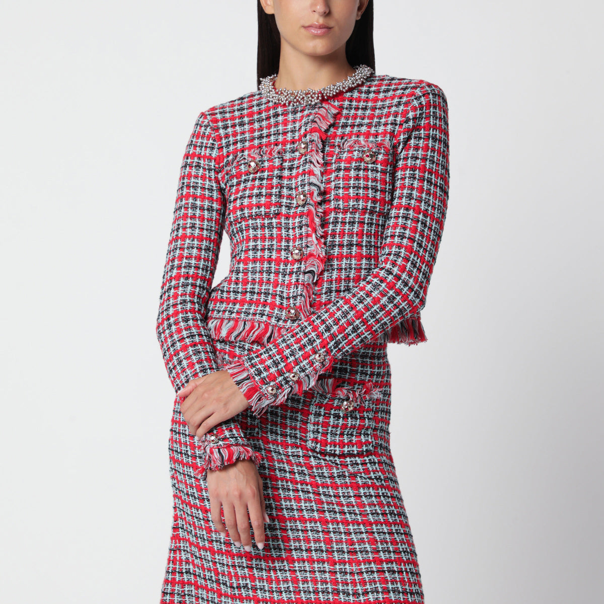 Self-Portrait Red Fringed Checked Knit Jacket Women SELF-PORTRAIT