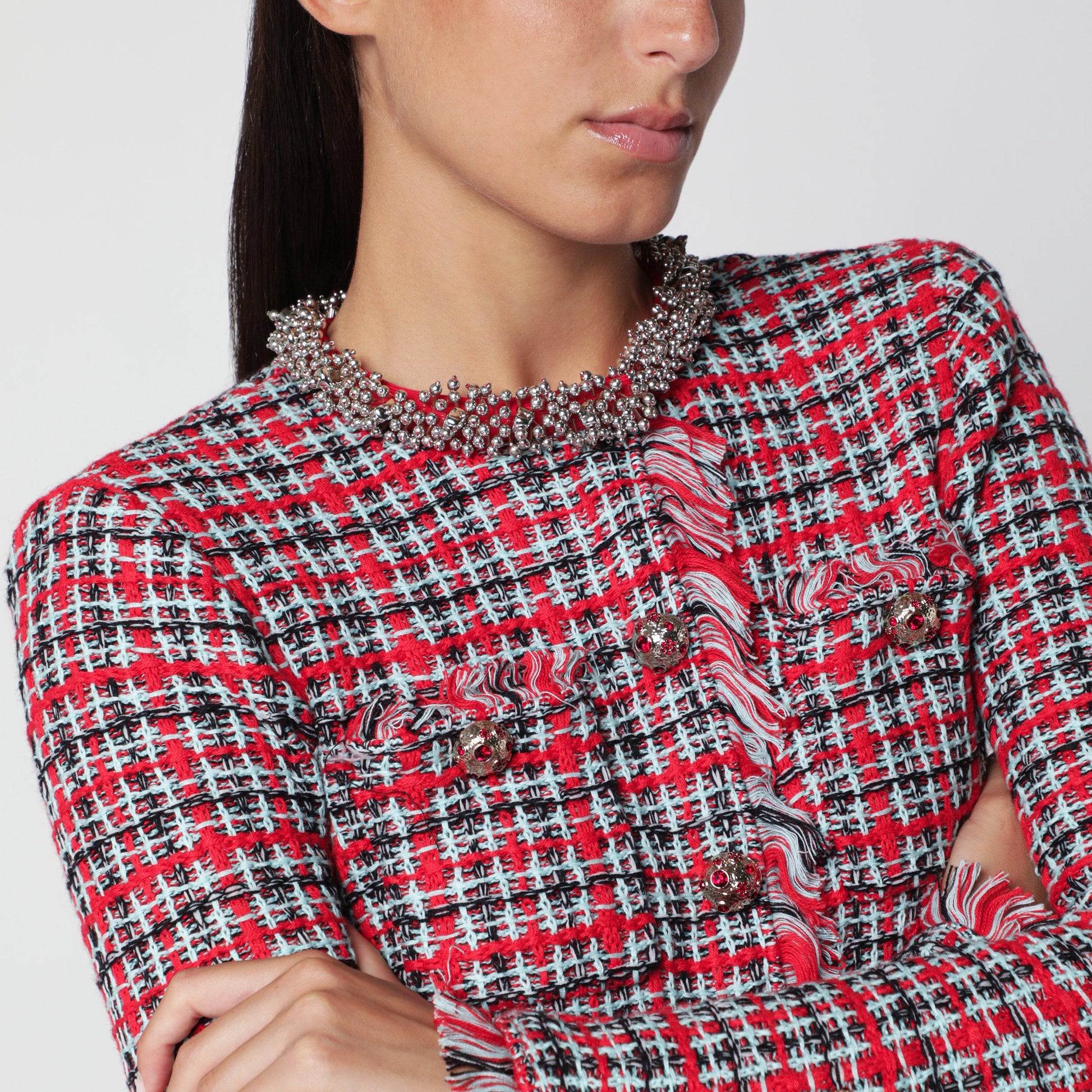 Self-Portrait Red Fringed Checked Knit Jacket Women SELF-PORTRAIT