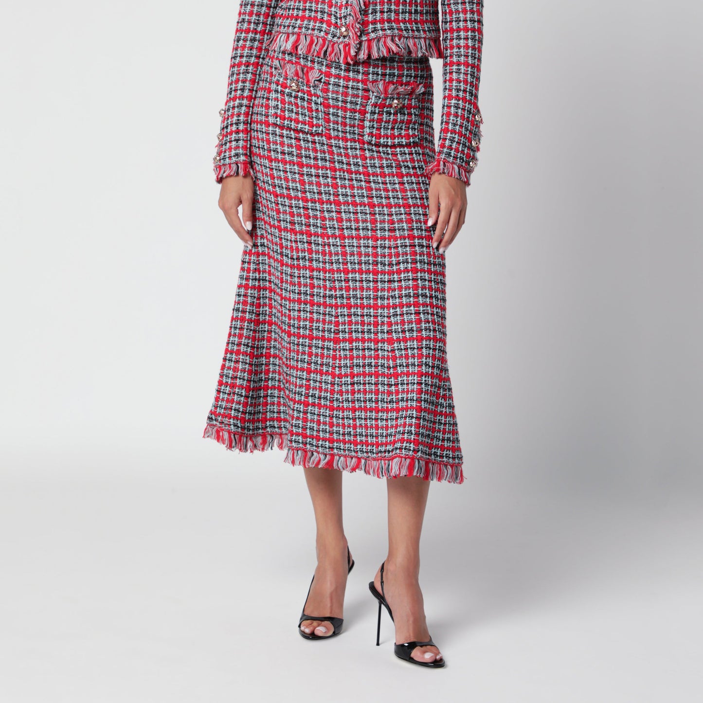 Self-Portrait Red Checked Midi Skirt In Cotton And Wool Women SELF-PORTRAIT