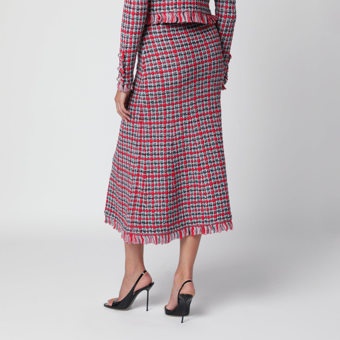 Self-Portrait Red Checked Midi Skirt In Cotton And Wool Women SELF-PORTRAIT