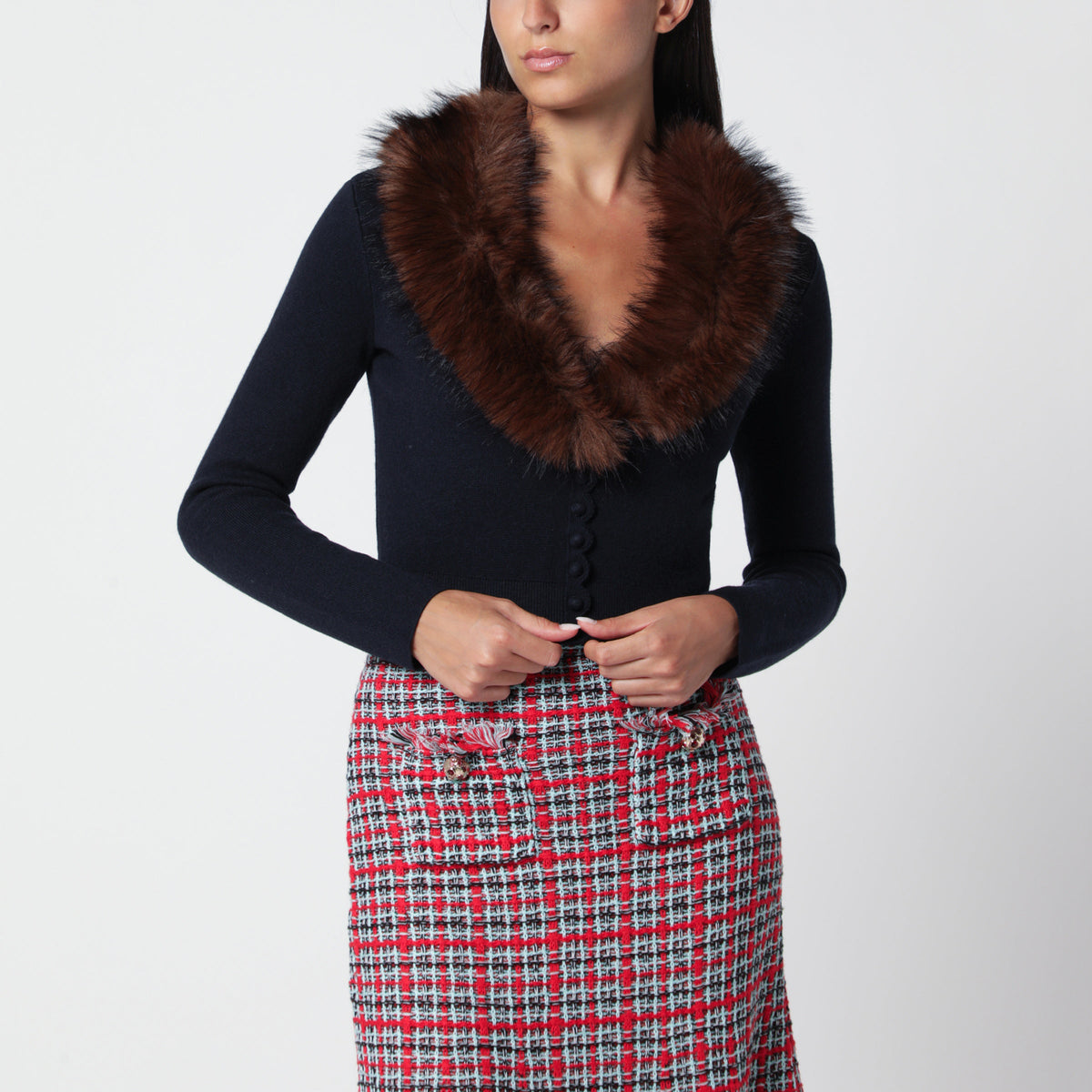 Self-Portrait Navy Blue Knitted Cardigan With Faux Fur Women SELF-PORTRAIT