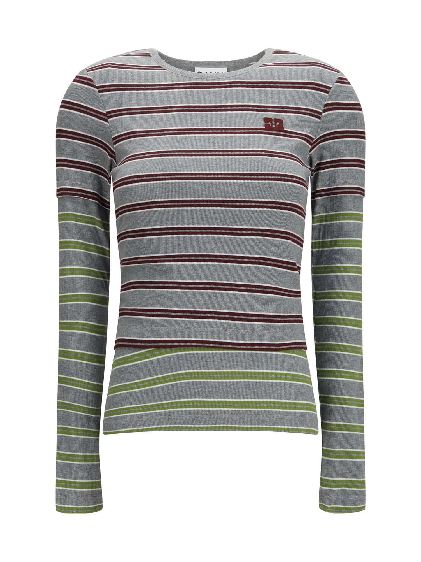 Ganni Women Double-Sleeve Striped Cotton T-Shirt GANNI