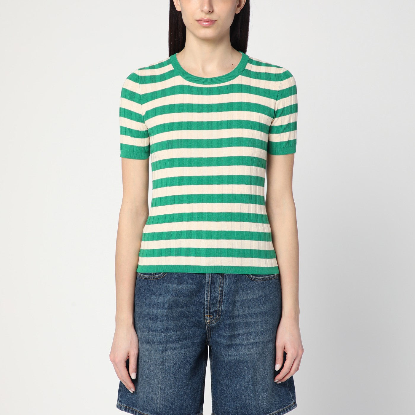 Roberto Collina Green/Ivory Striped Sweater In Cotton Women Roberto Collina
