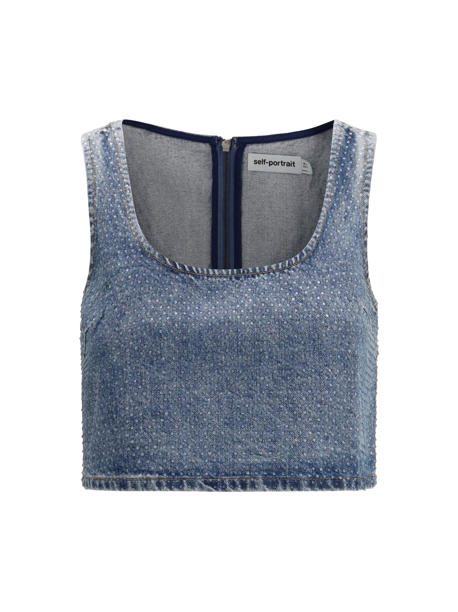 Self-Portrait Women Rhinestone Denim Crop Top SELF-PORTRAIT