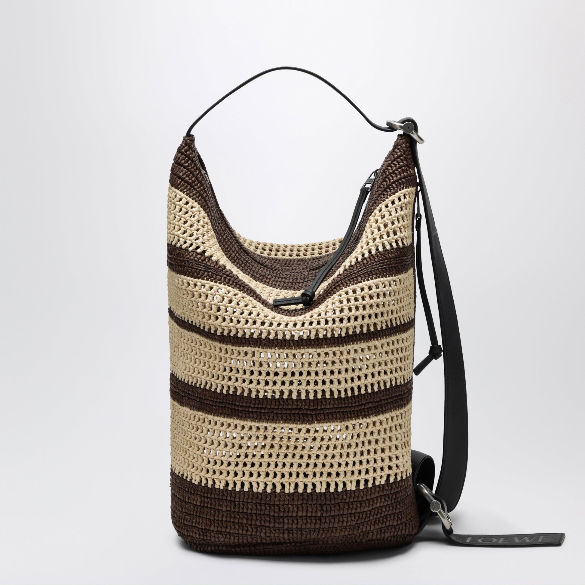 Loewe Loop Striped Raffia Bucket Bag In Chocolate/Natural Men LOEWE