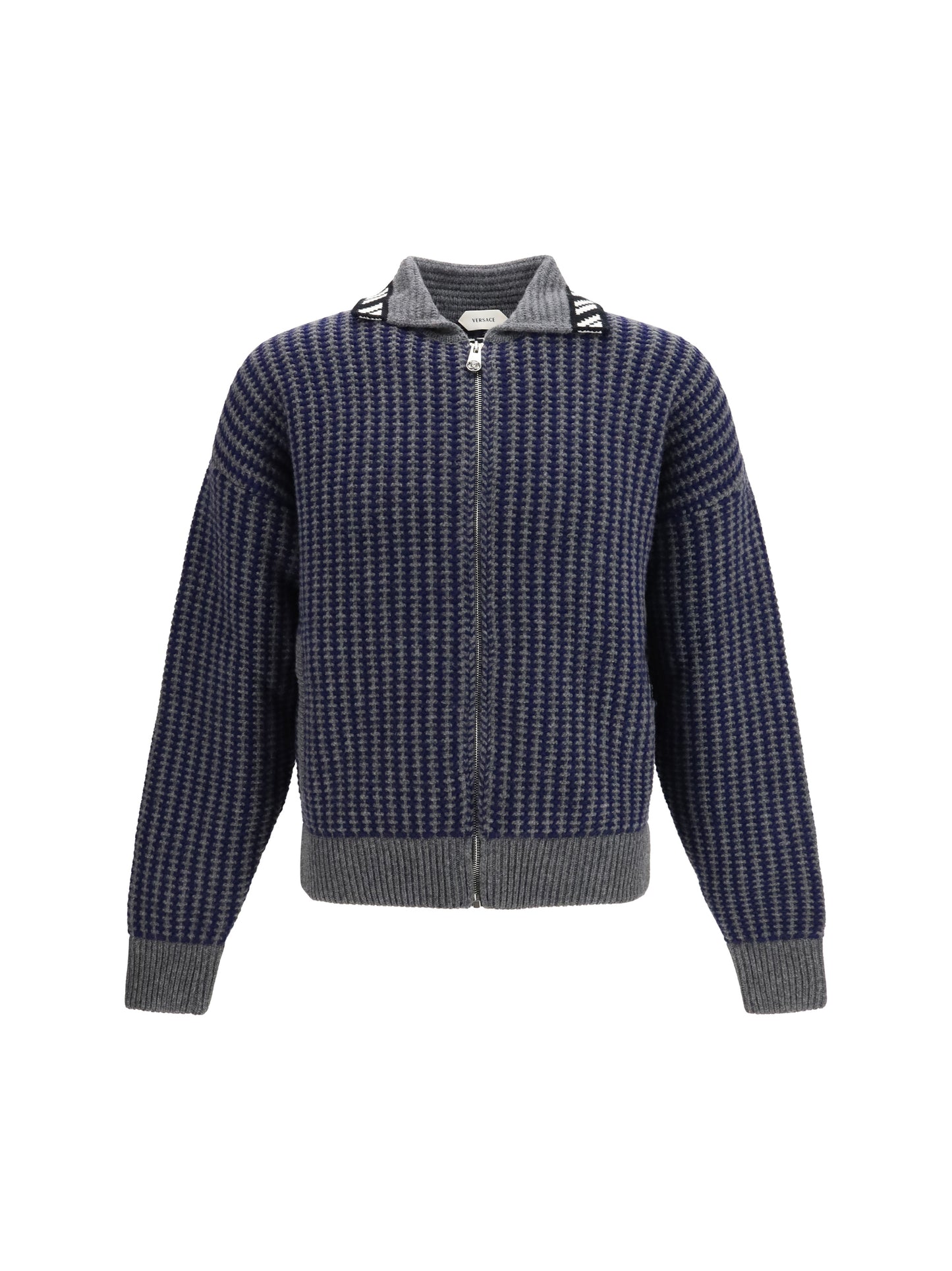 Versace Men Intarsia Wool Knit Zip Cardigan VERSACE