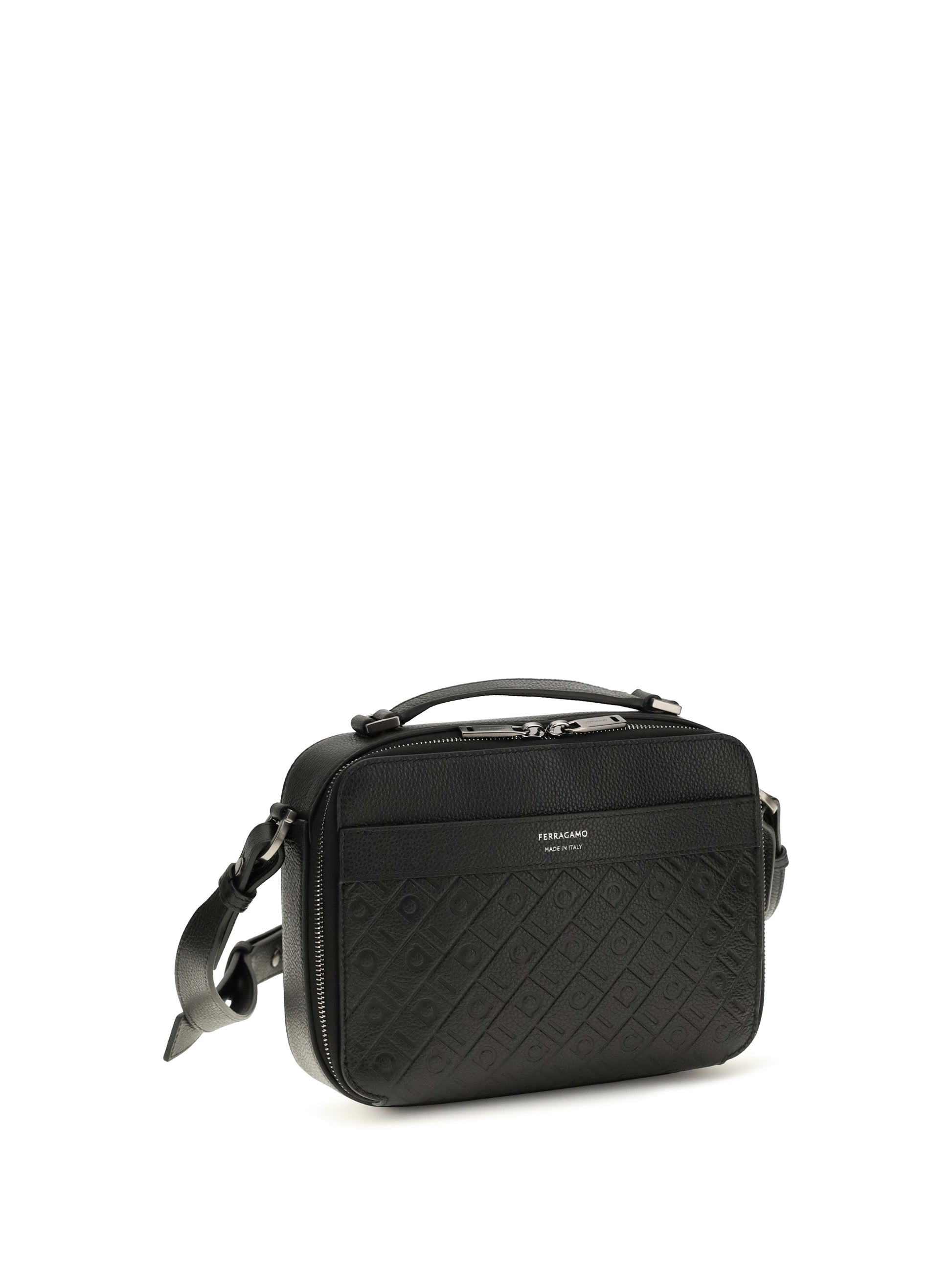 Ferragamo Men Leather Crossbody Bag With Embossed Gancini Pattern FERRAGAMO