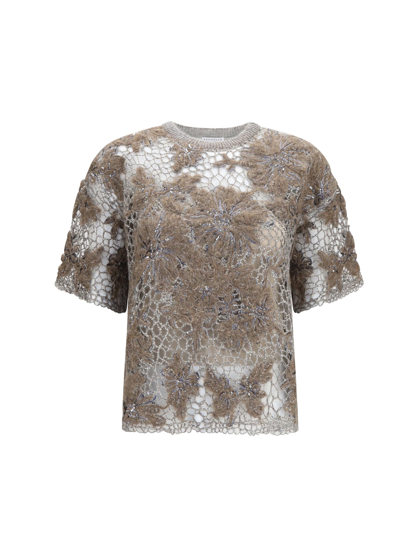 Brunello Cucinelli Women Crew-Neck Top With Floral Embroidery And Sequins BRUNELLO CUCINELLI