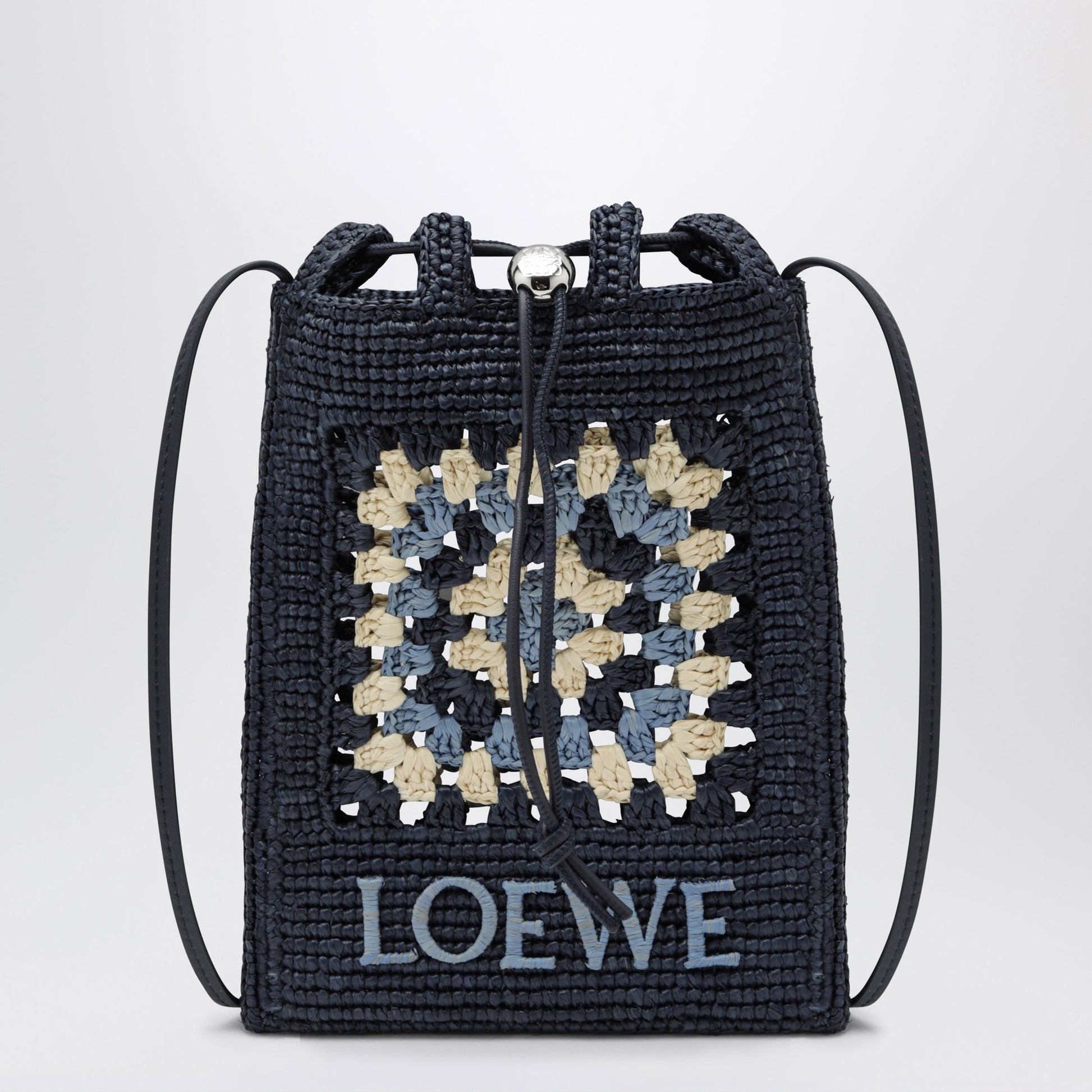 Loewe Navy/Light Blue Raffia And Leather Drawstring Pouch Women LOEWE
