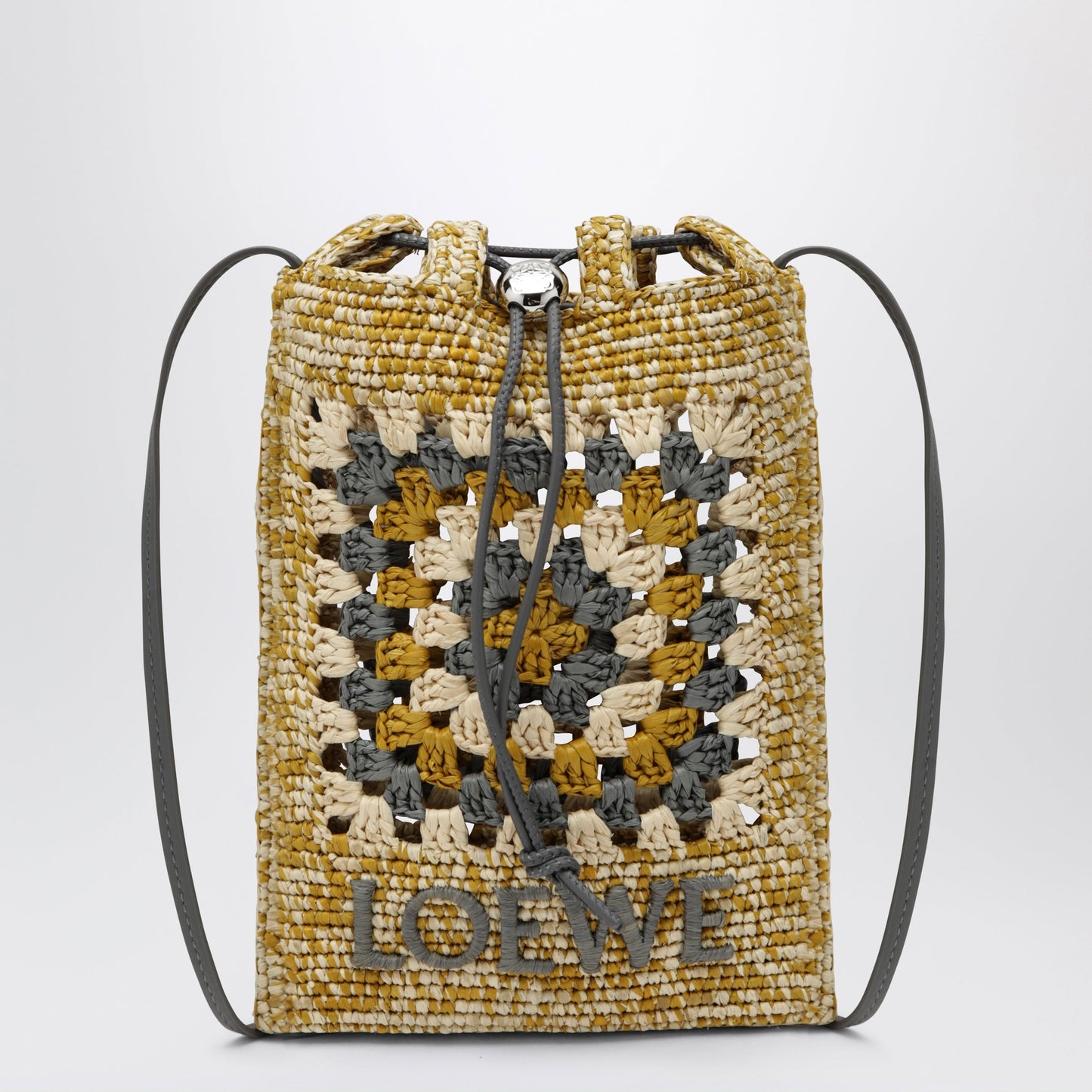 Loewe Pearl Grey/Mustard Raffia And Leather Drawstring Pouch Women LOEWE