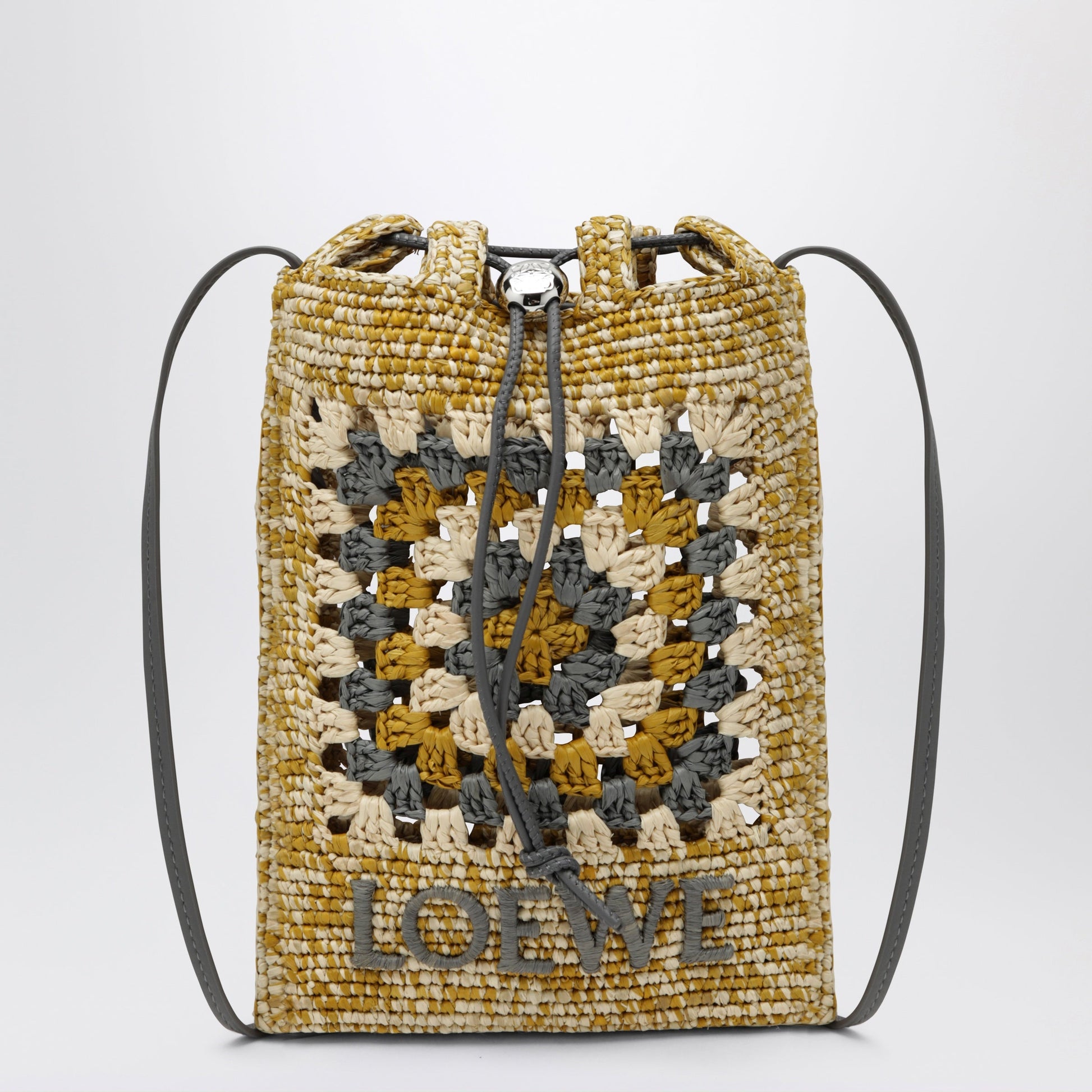 Loewe Pearl Grey/Mustard Raffia And Leather Drawstring Pouch Women LOEWE