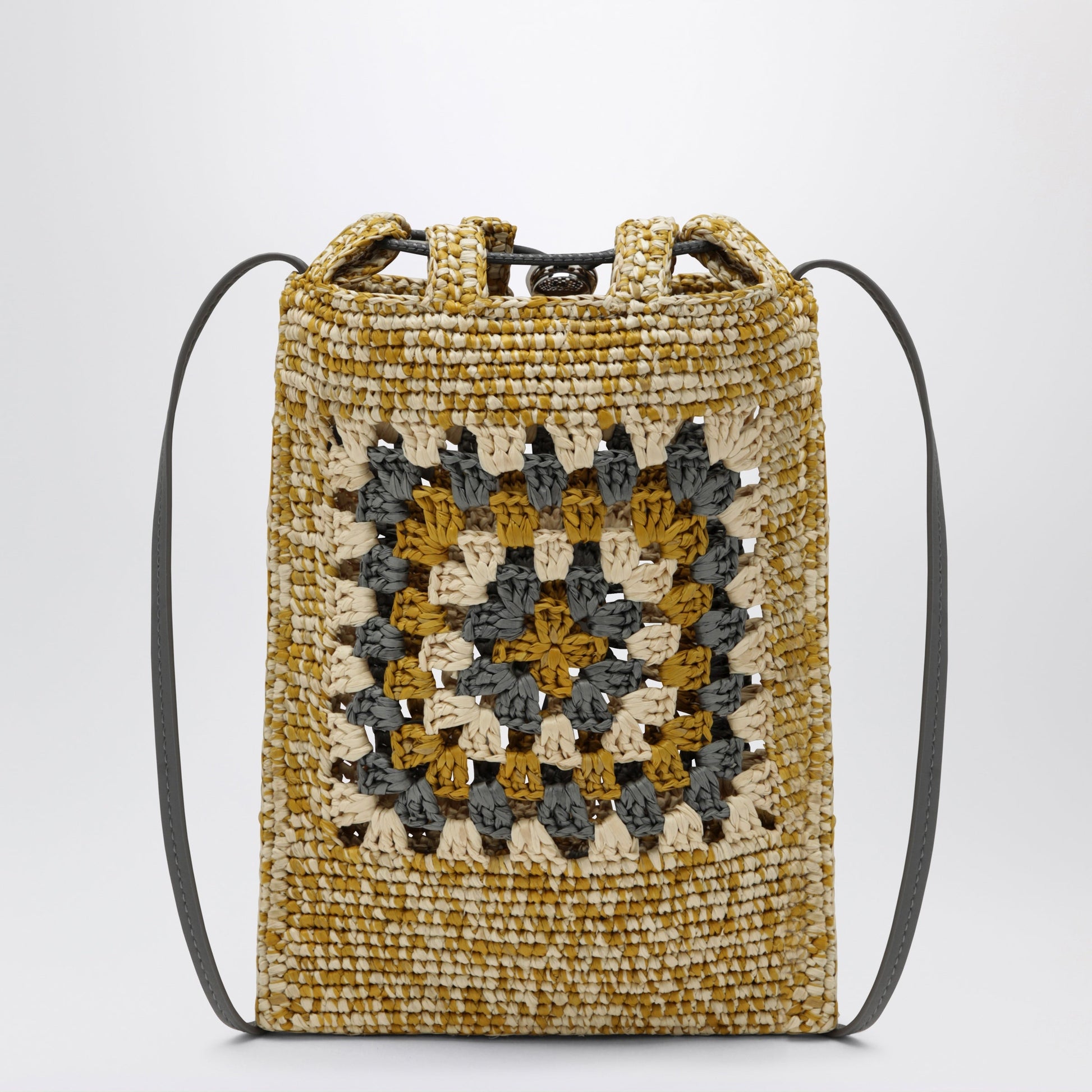Loewe Pearl Grey/Mustard Raffia And Leather Drawstring Pouch Women LOEWE