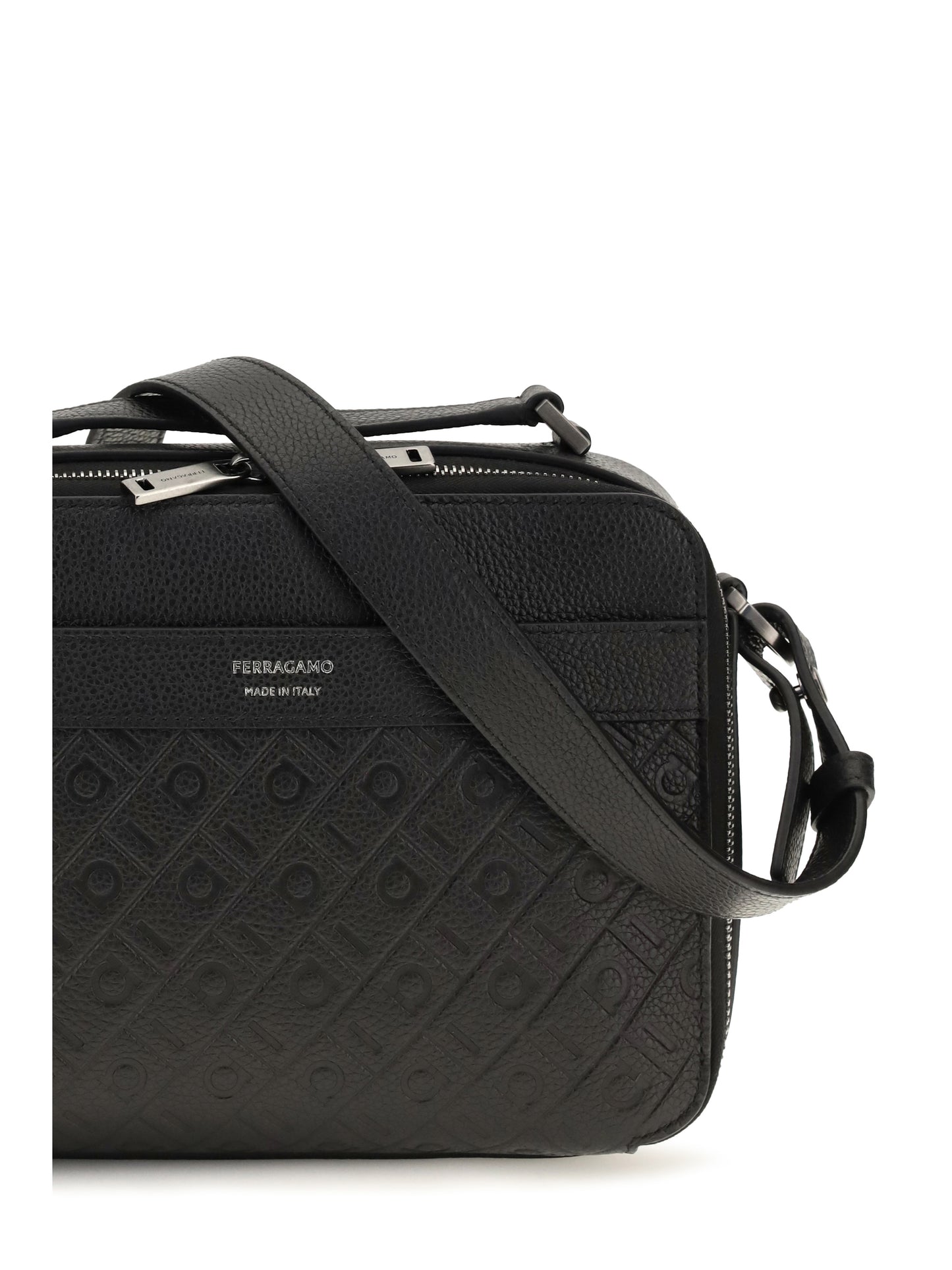Ferragamo Men Leather Crossbody Bag With Embossed Gancini Pattern FERRAGAMO