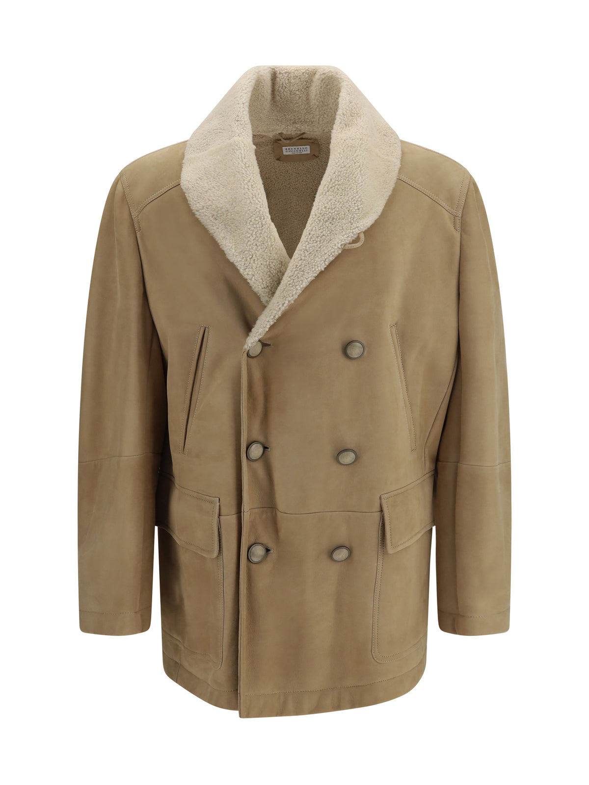 Brunello Cucinelli Men Curly Suede Shearling Pea Coat With Shawl Collar BRUNELLO CUCINELLI