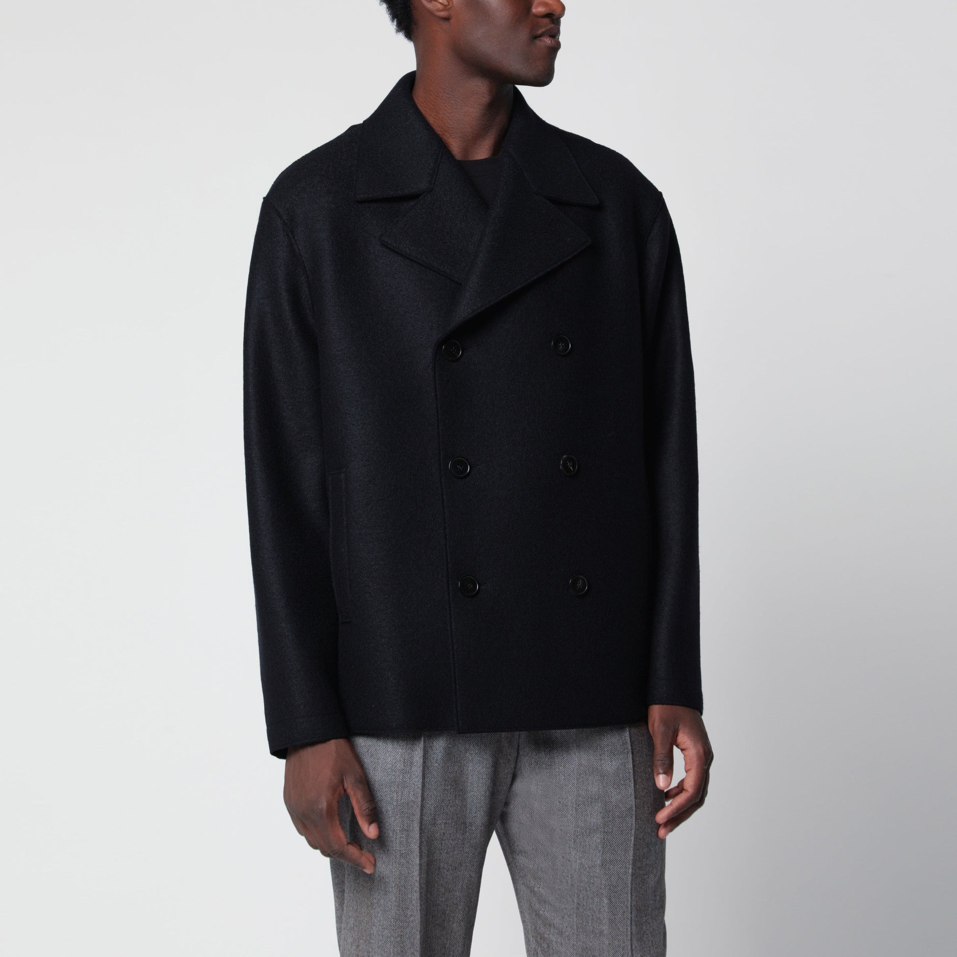 Harris Wharf London Navy Short Double-Breasted Wool Coat Men HARRIS WHARF LONDON