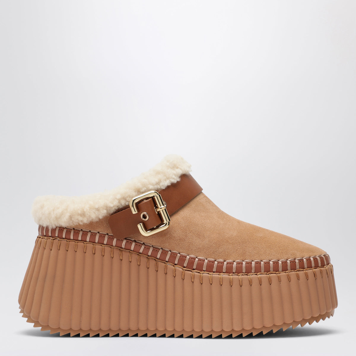 Chloe Light Brown Nama Suede Wedge Mules Women CHLOE
