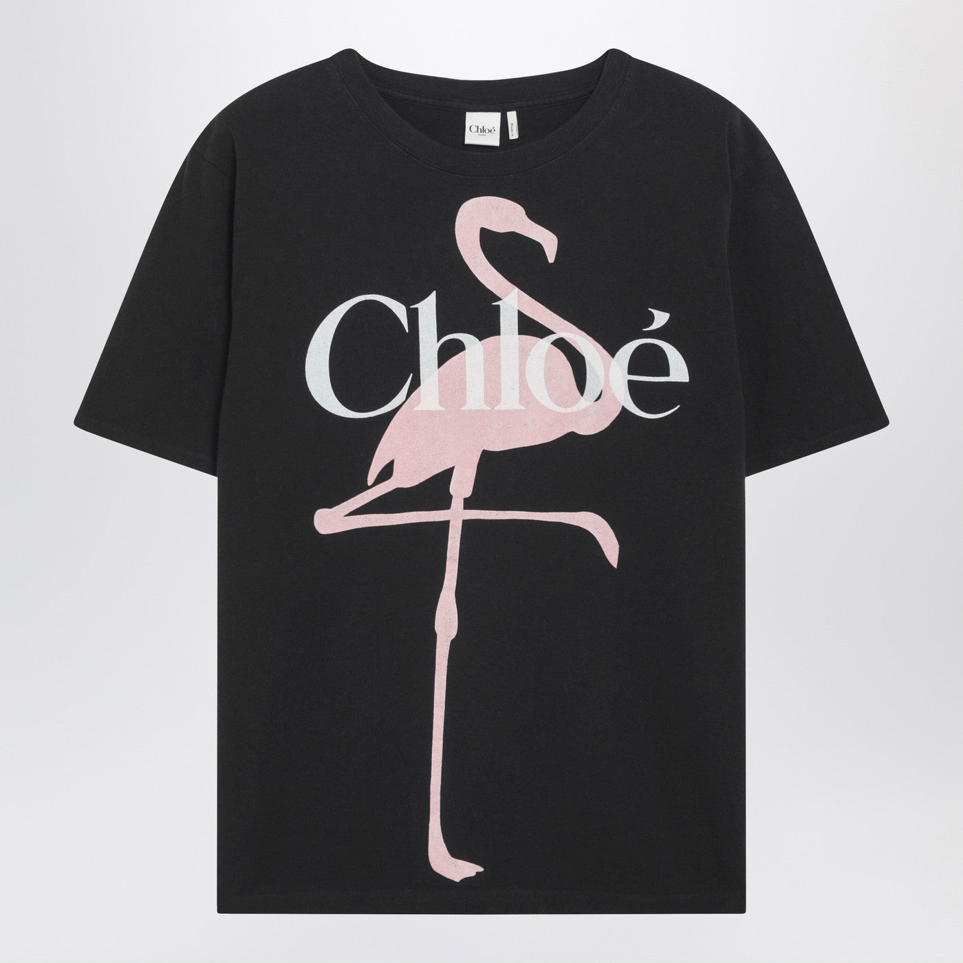 Chloe Black Baby-Fit T-Shirt With Logo And Flamingo Print Women CHLOE