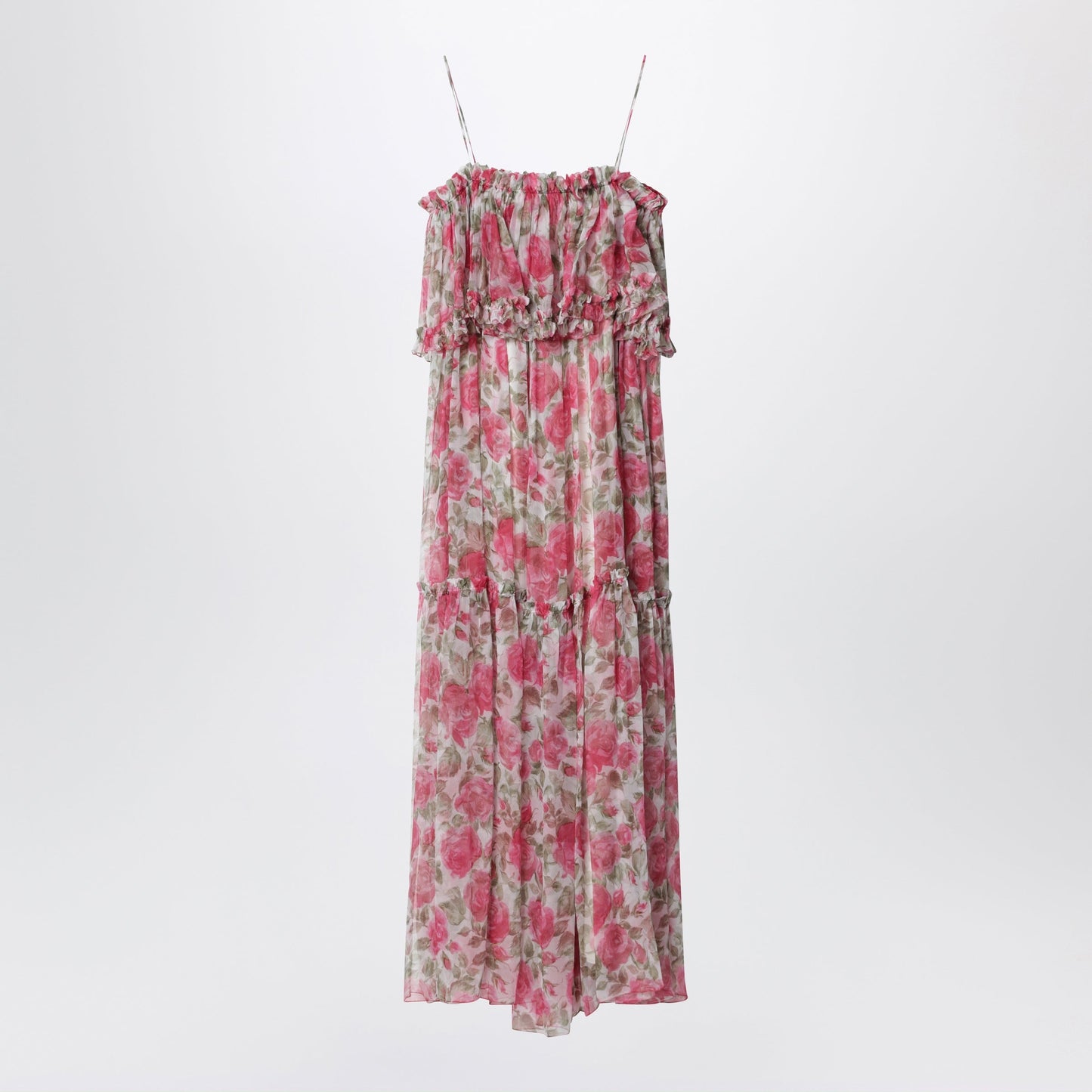Chloe Long Silk Muslin Dress With Rose Print, White/Pink Women CHLOE
