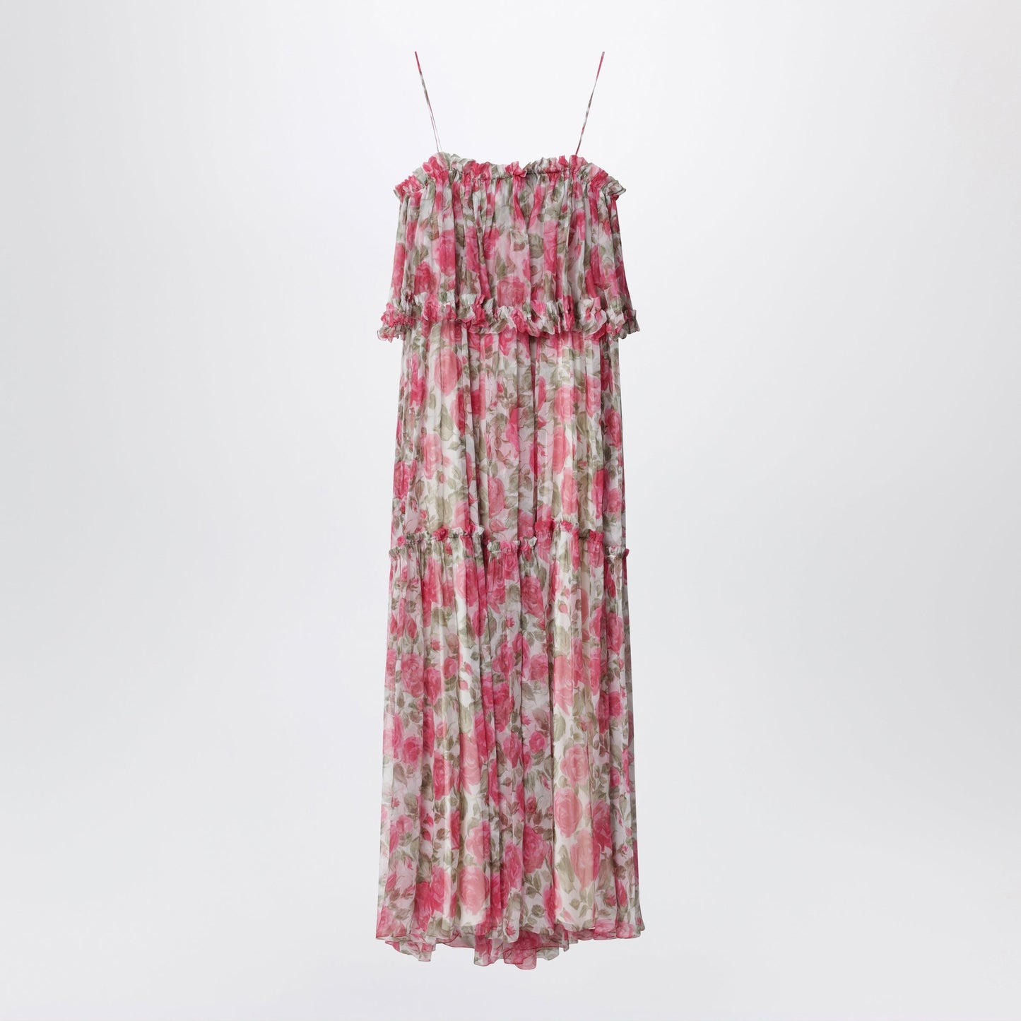 Chloe Long Silk Muslin Dress With Rose Print, White/Pink Women CHLOE