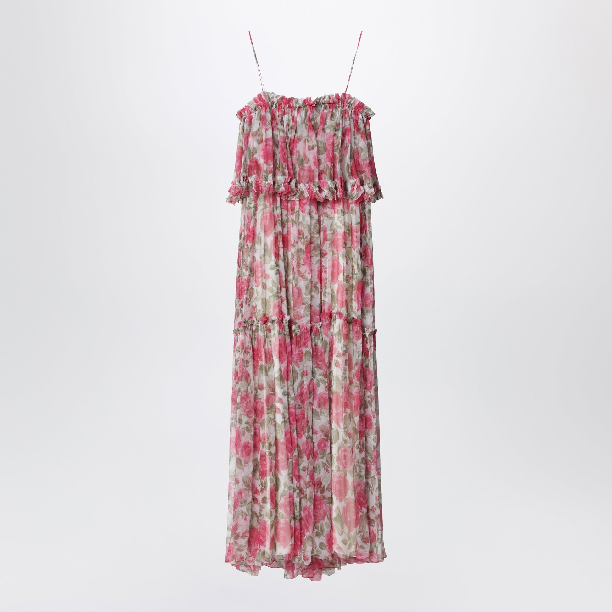 Chloe Long Silk Muslin Dress With Rose Print, White/Pink Women CHLOE
