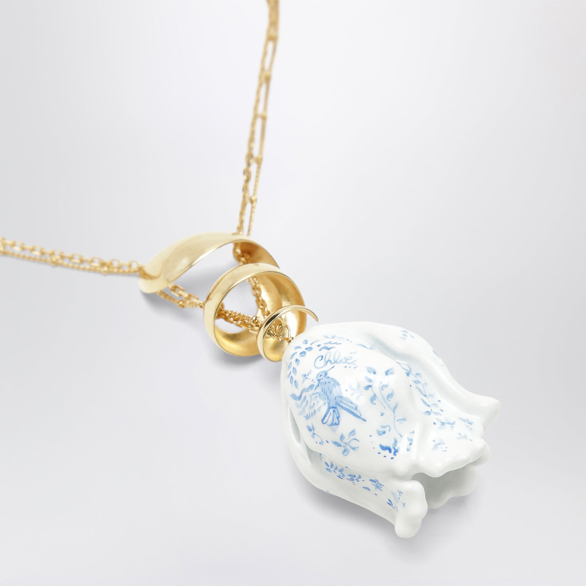 Chloe Gold-Tone Necklace With White/Blue Floral Pendant Women CHLOE