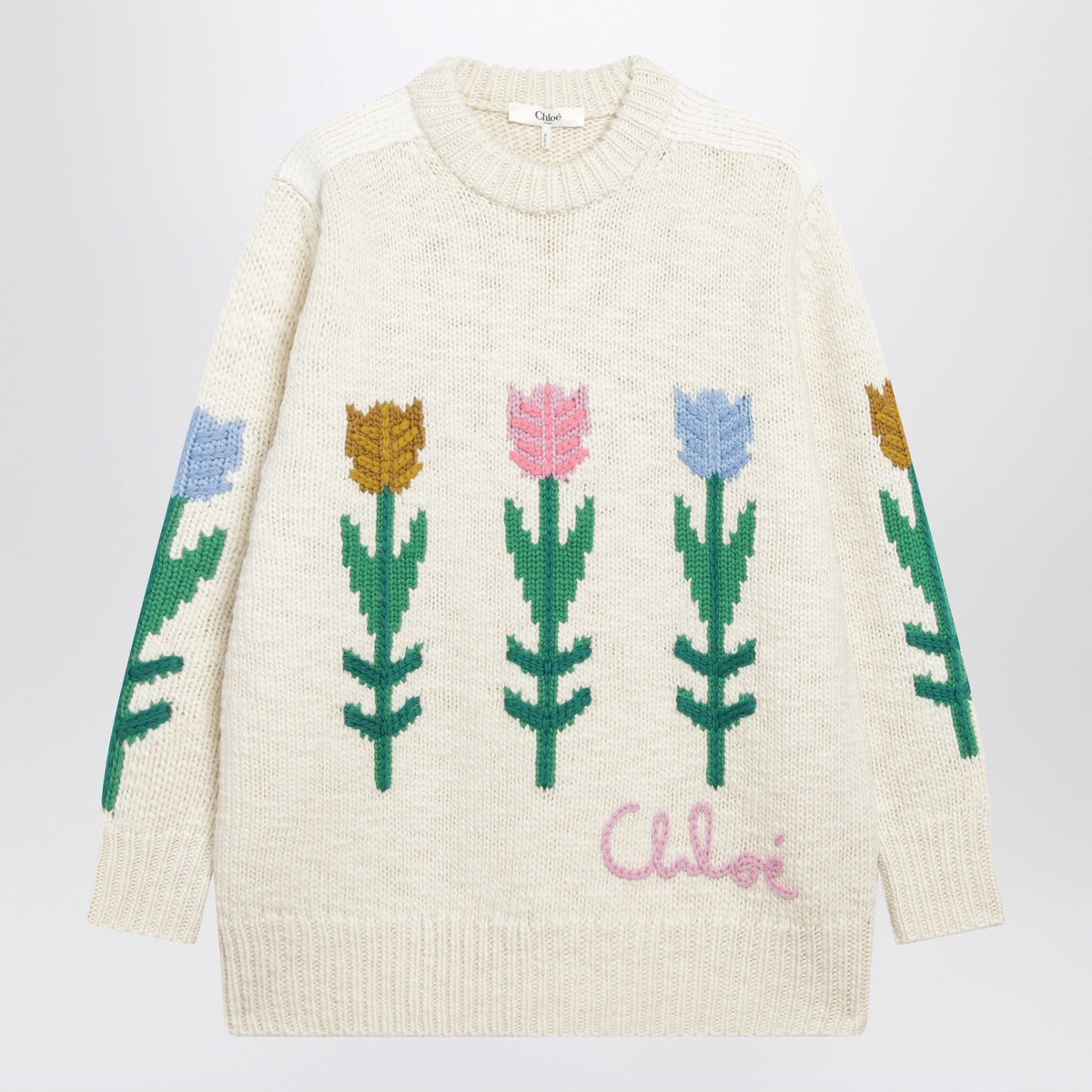 Chloe Oversized Milk-Coloured Wool Sweater With Tulips Women CHLOE