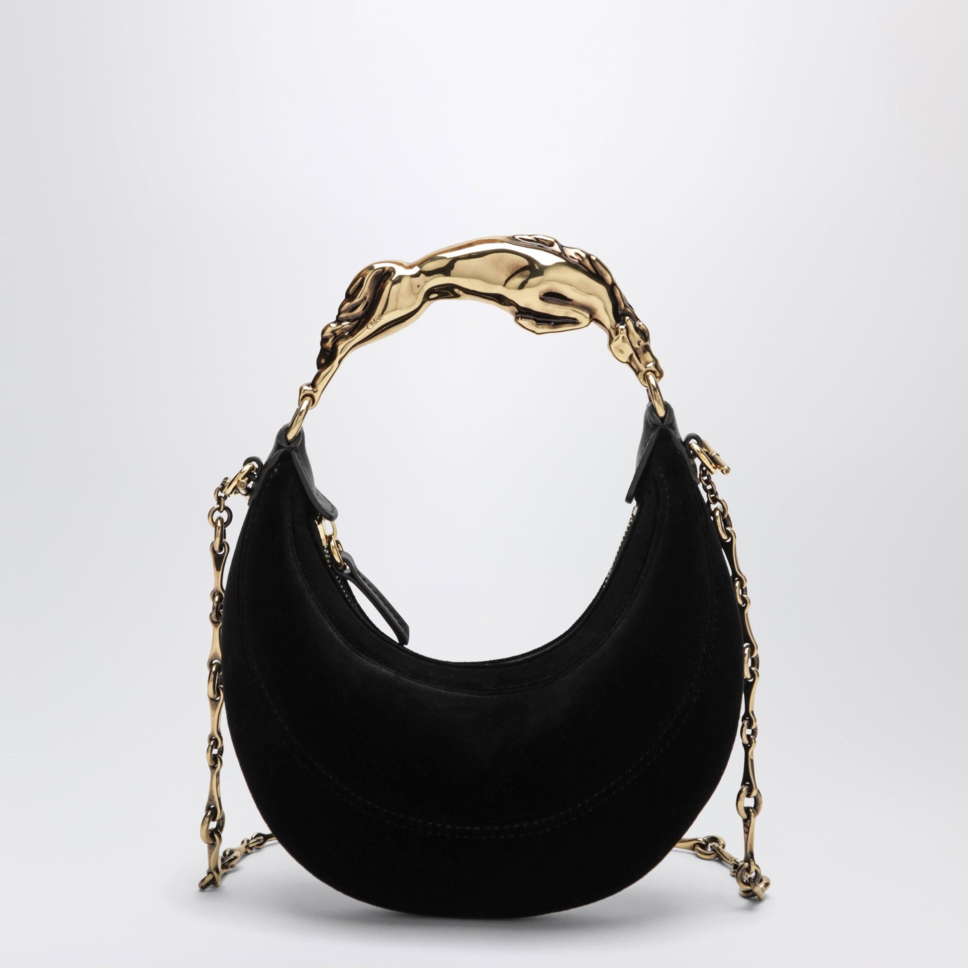 Chloe Black Suede Hobo Bag With Sculptural Handle Women CHLOE