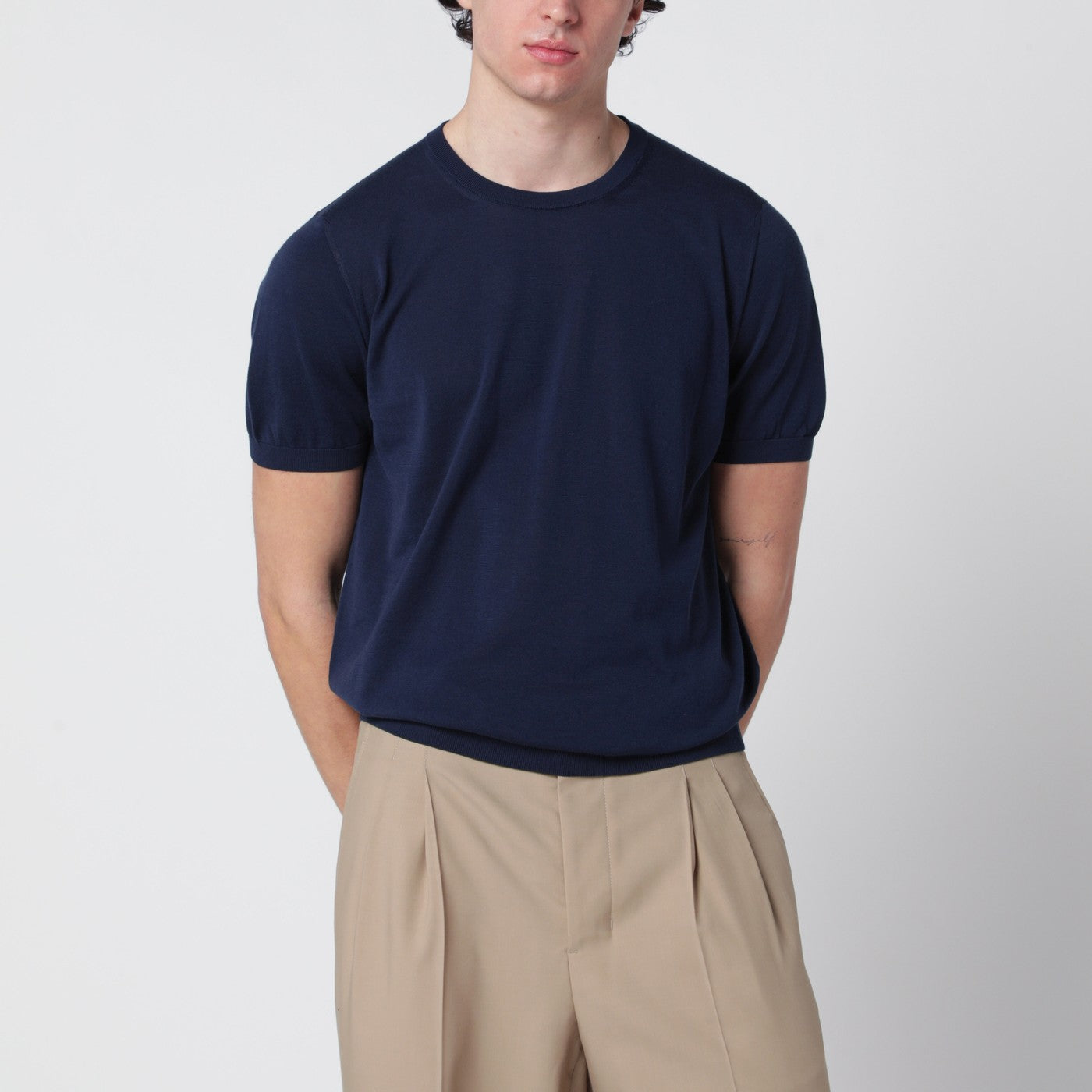 Drumohr Blue Cotton Crewneck Sweater Men Drumohr
