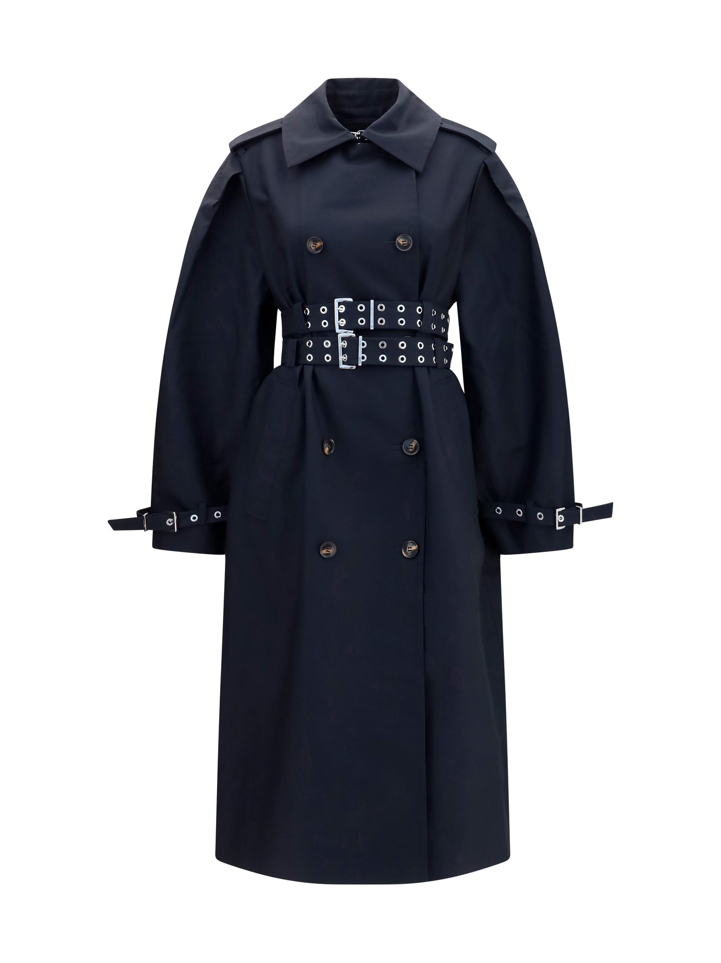 Ganni Women Double-Breasted Cotton Trench Coat With Double Belt