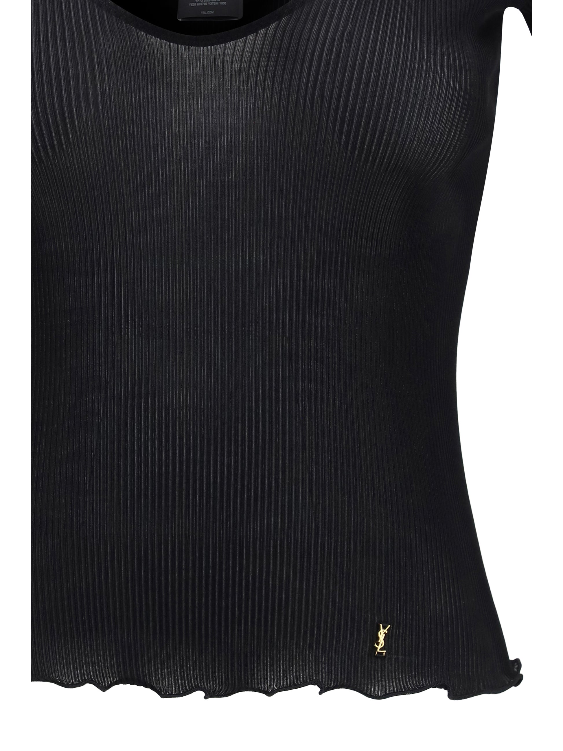 Saint Laurent Women Cassandre V Neck Ribbed Silk Top SAINT LAURENT