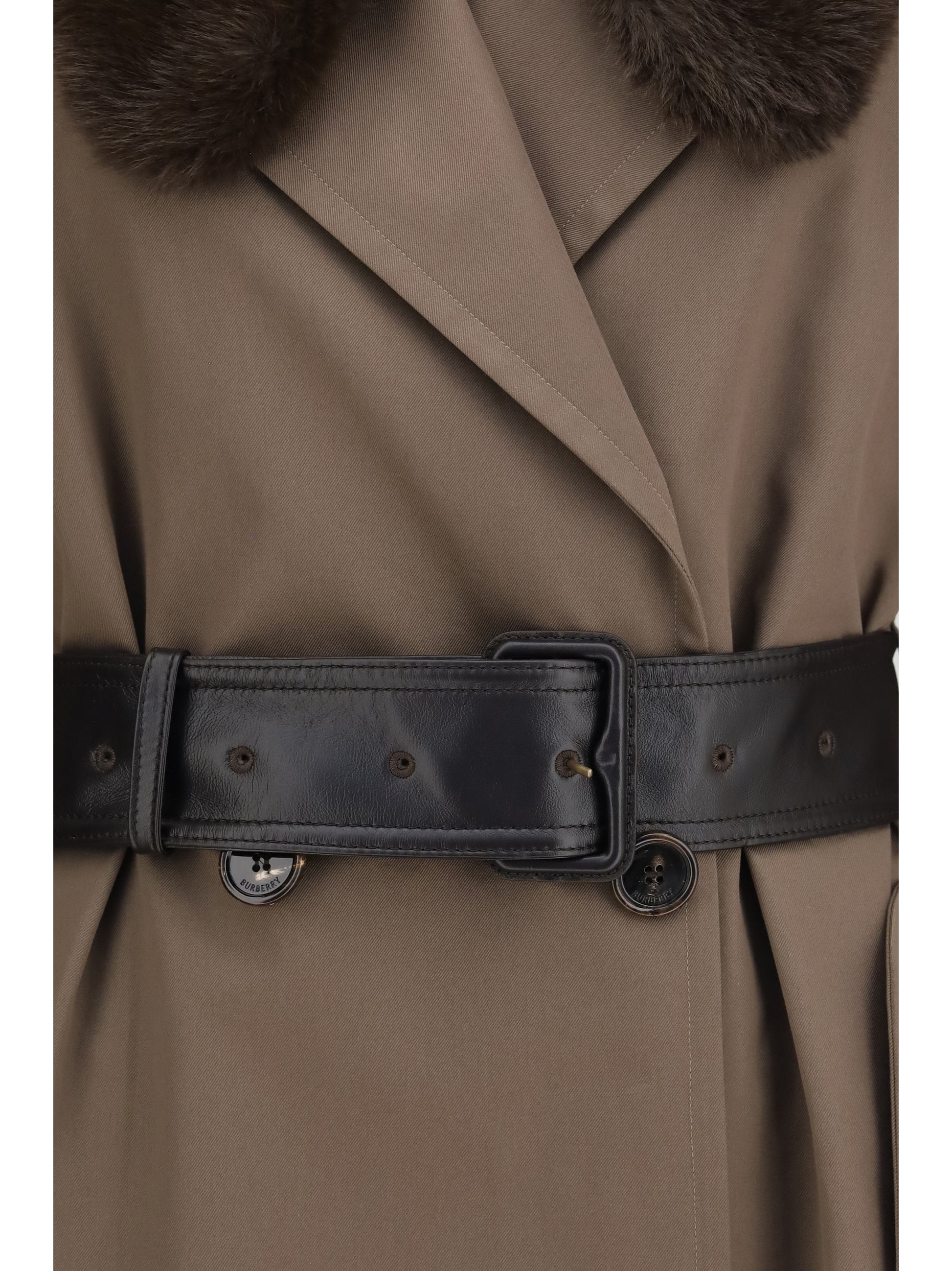 Burberry Women Long Cotton Trench Coat With Buffalo Leather Collar BURBERRY