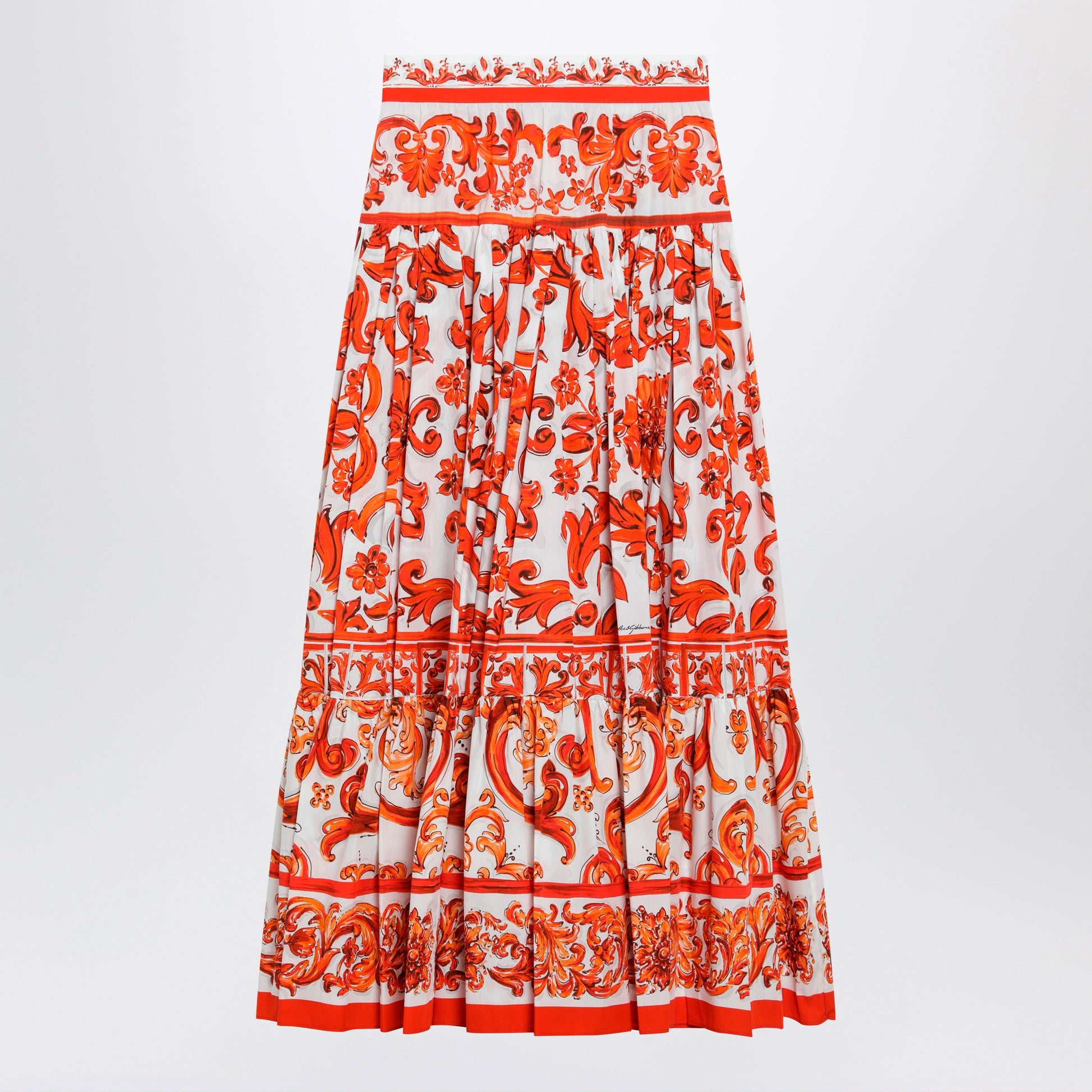 Dolce&Gabbana Long Maiolica-Print Cotton Poplin Skirt In Orange Women DOLCE & GABBANA