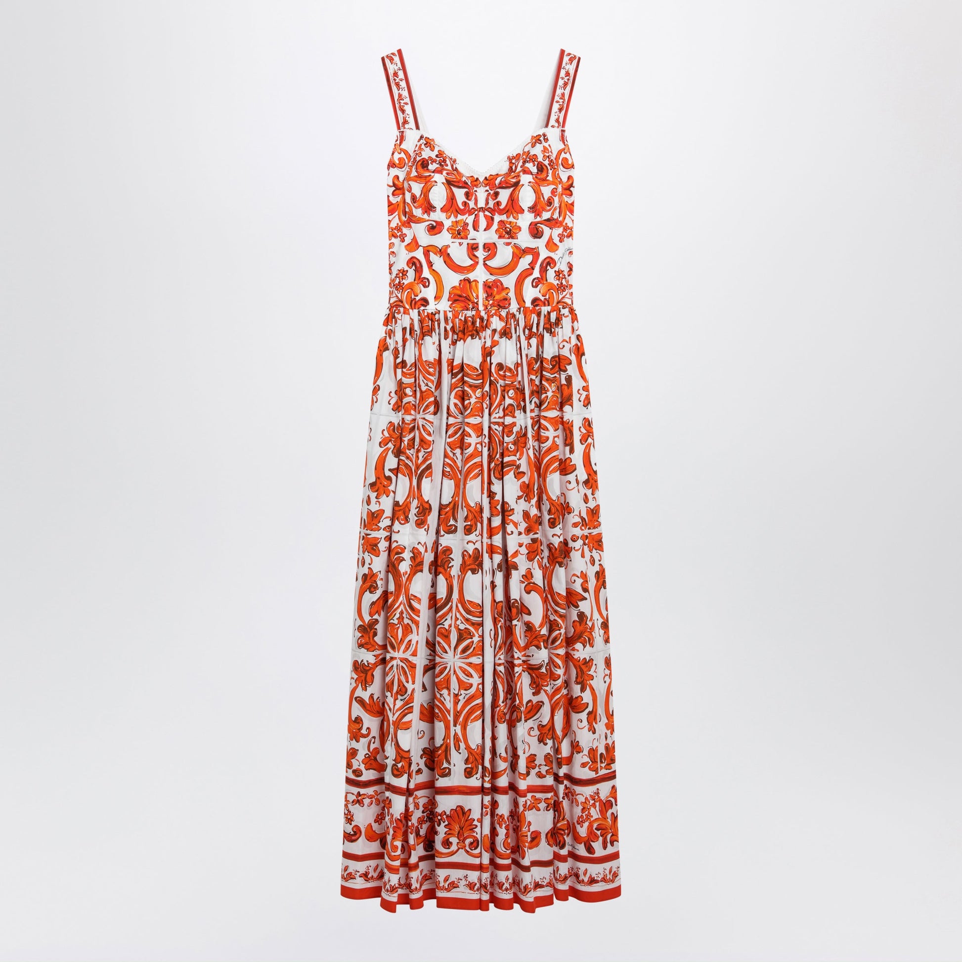 Dolce&Gabbana Maiolica-Print Poplin Maxi Dress In Orange Cotton Women DOLCE & GABBANA