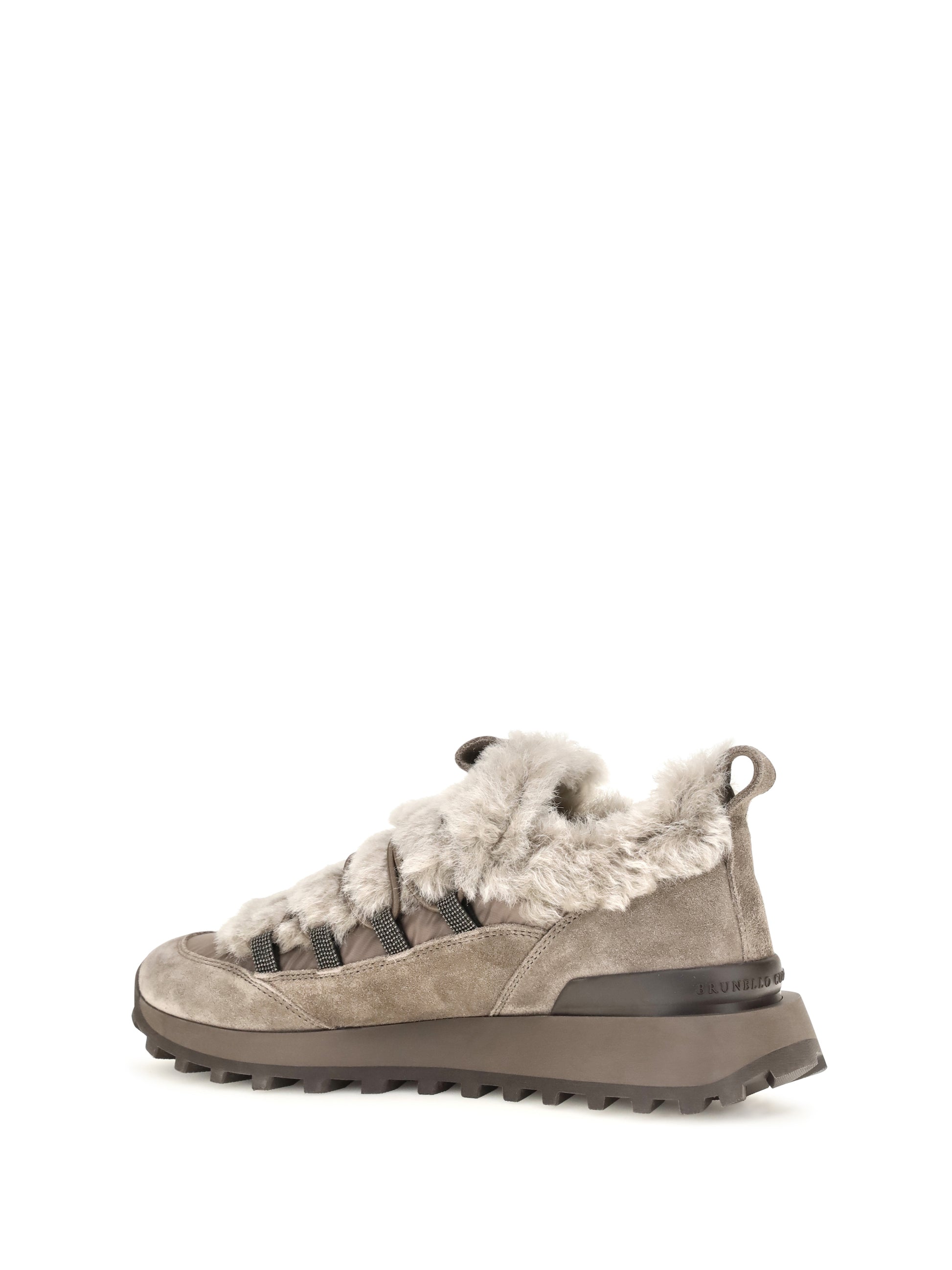 Brunello Cucinelli Women Suede And Tech Cotton Sneakers With Shearling Lining And Monili Detail BRUNELLO CUCINELLI