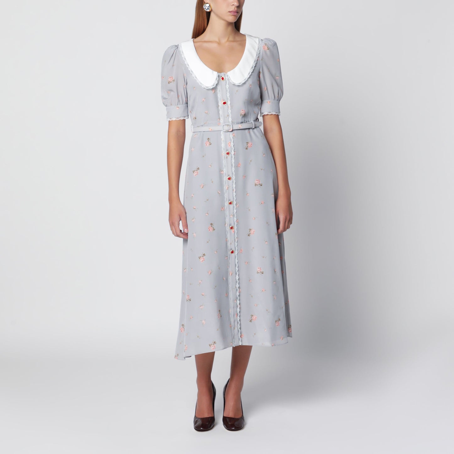 Alessandra Rich Grey/Pink Floral-Print Silk Midi Dress Women ALESSANDRA RICH
