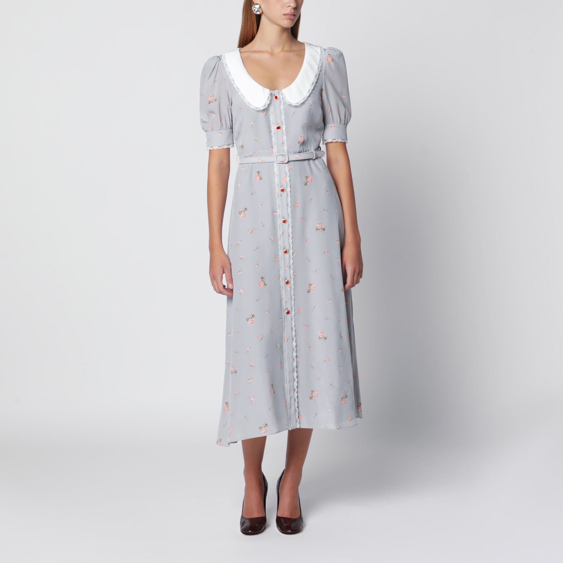 Alessandra Rich Grey/Pink Floral-Print Silk Midi Dress Women ALESSANDRA RICH