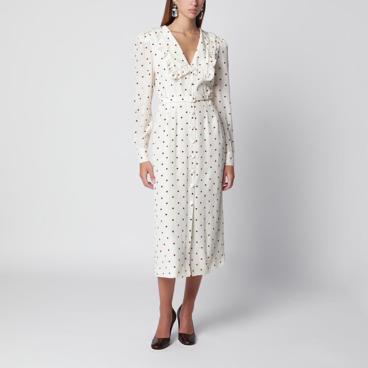 Alessandra Rich Cream Silk Midi Dress With Burgundy Polka Dots Women ALESSANDRA RICH