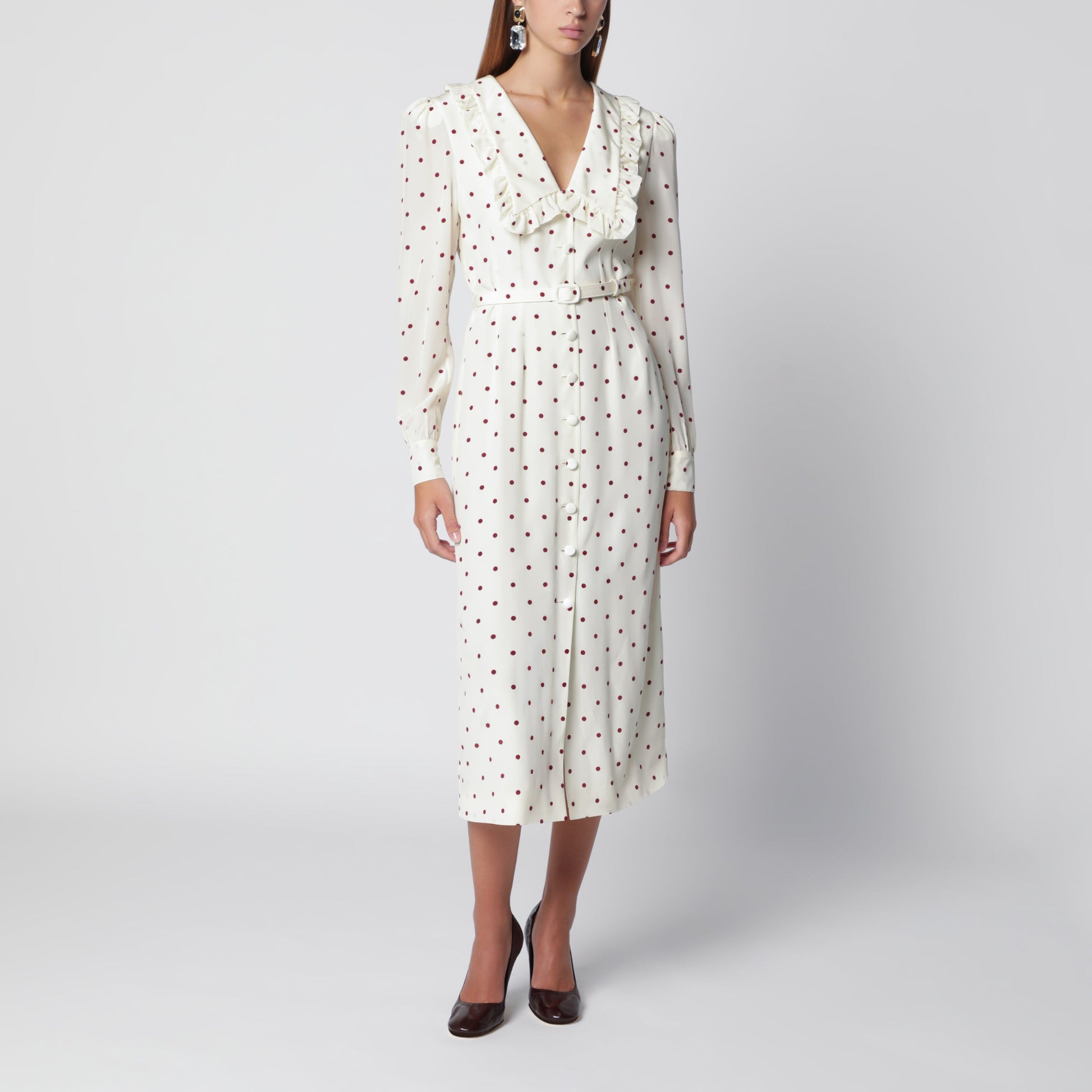 Alessandra Rich Cream Silk Midi Dress With Burgundy Polka Dots Women ALESSANDRA RICH