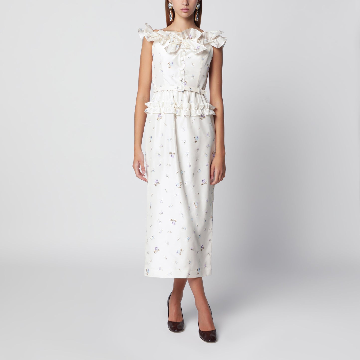 Alessandra Rich White Silk Midi Dress With Floral Pattern Women ALESSANDRA RICH