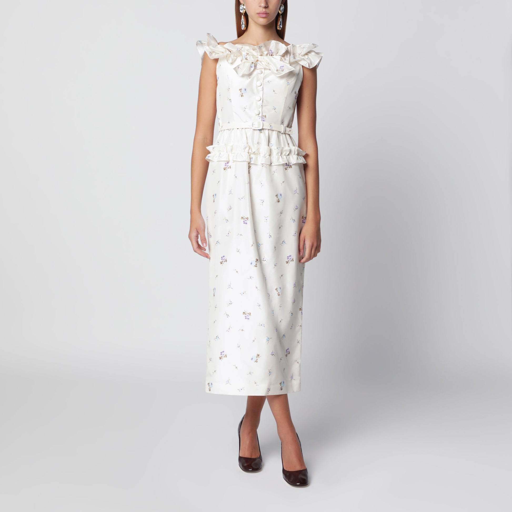 Alessandra Rich White Silk Midi Dress With Floral Pattern Women ALESSANDRA RICH